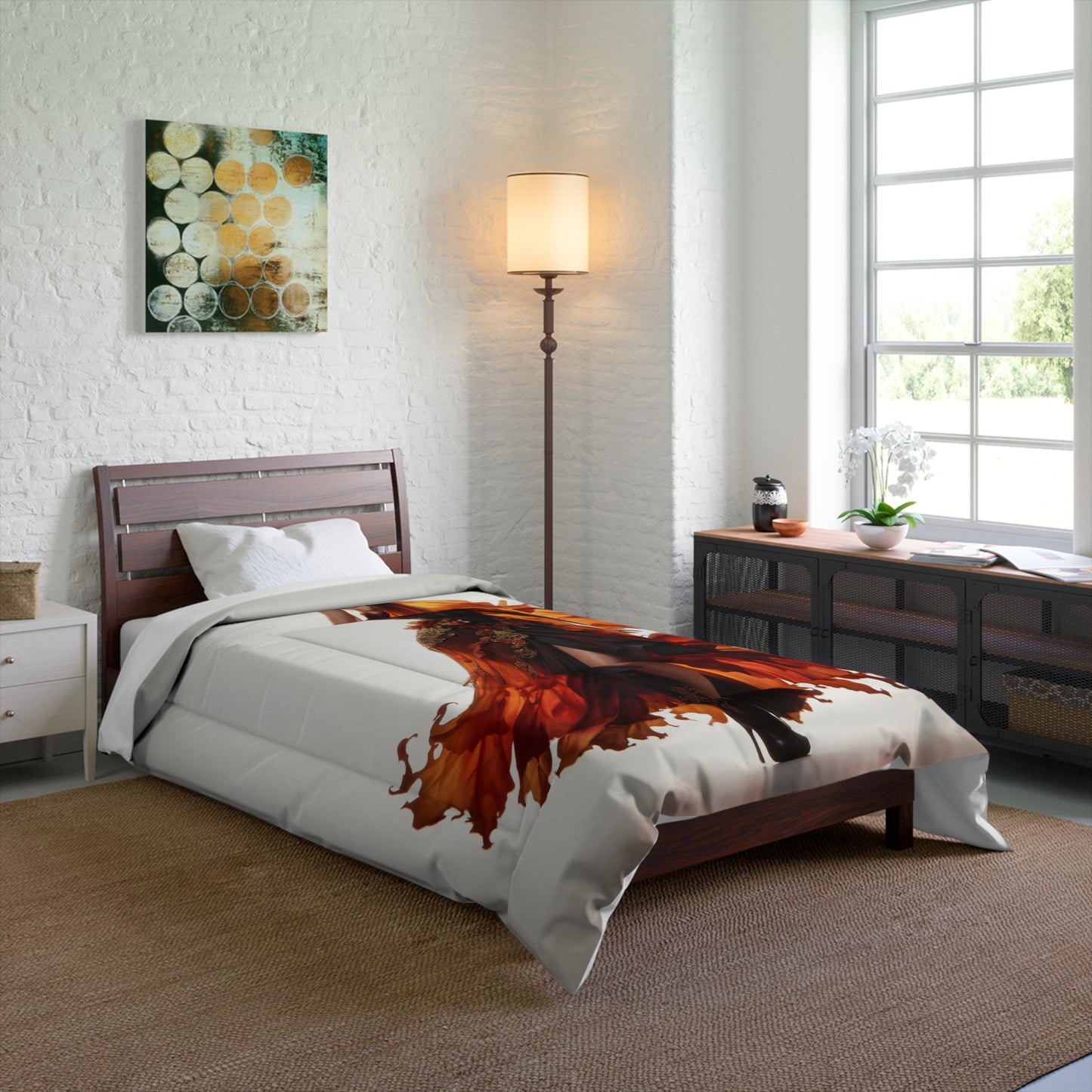 Flame-Dancer Regalia Comforter – Crimson Whirlwind Elegance