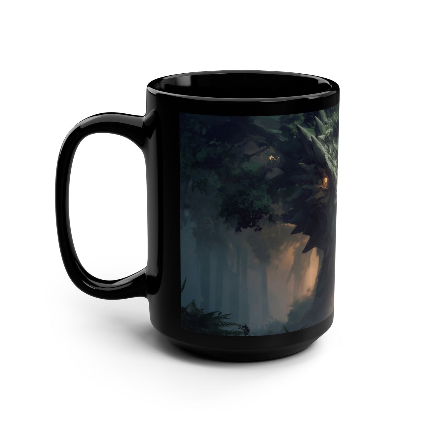 Ancient Guardian Dragon Black Mug, 15oz – Moss-Covered Forest Sentinel