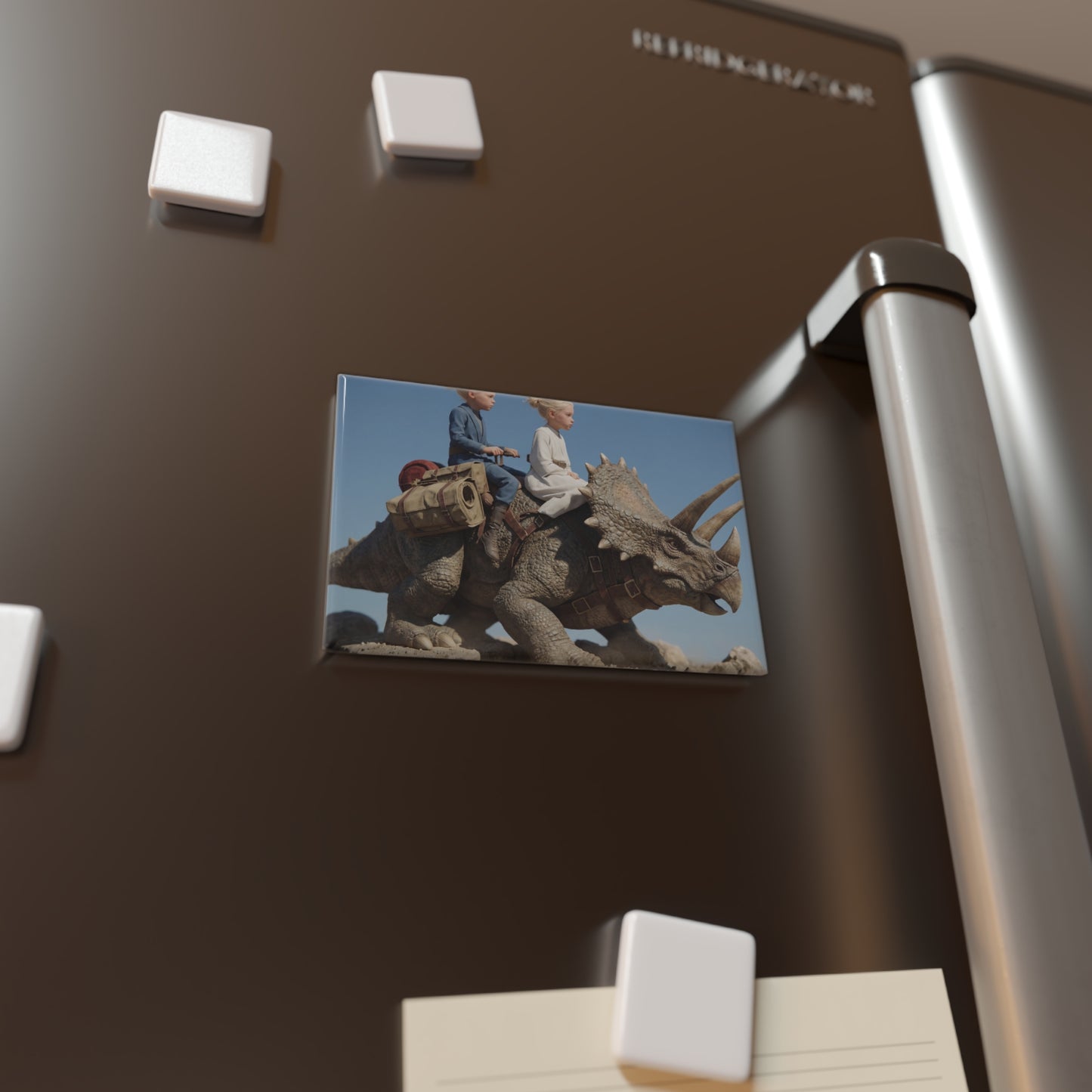 Twin Explorers on Triceratops Button Magnet, Rectangle (1 & 10 pcs) – Dusty Desert Odyssey