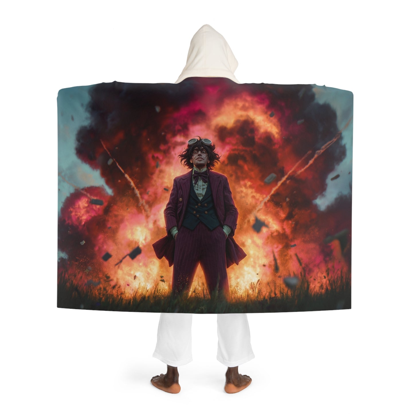Mad Scientist Amidst Crimson Explosion Hooded Sherpa Fleece Blanket – Calm in the Chaos