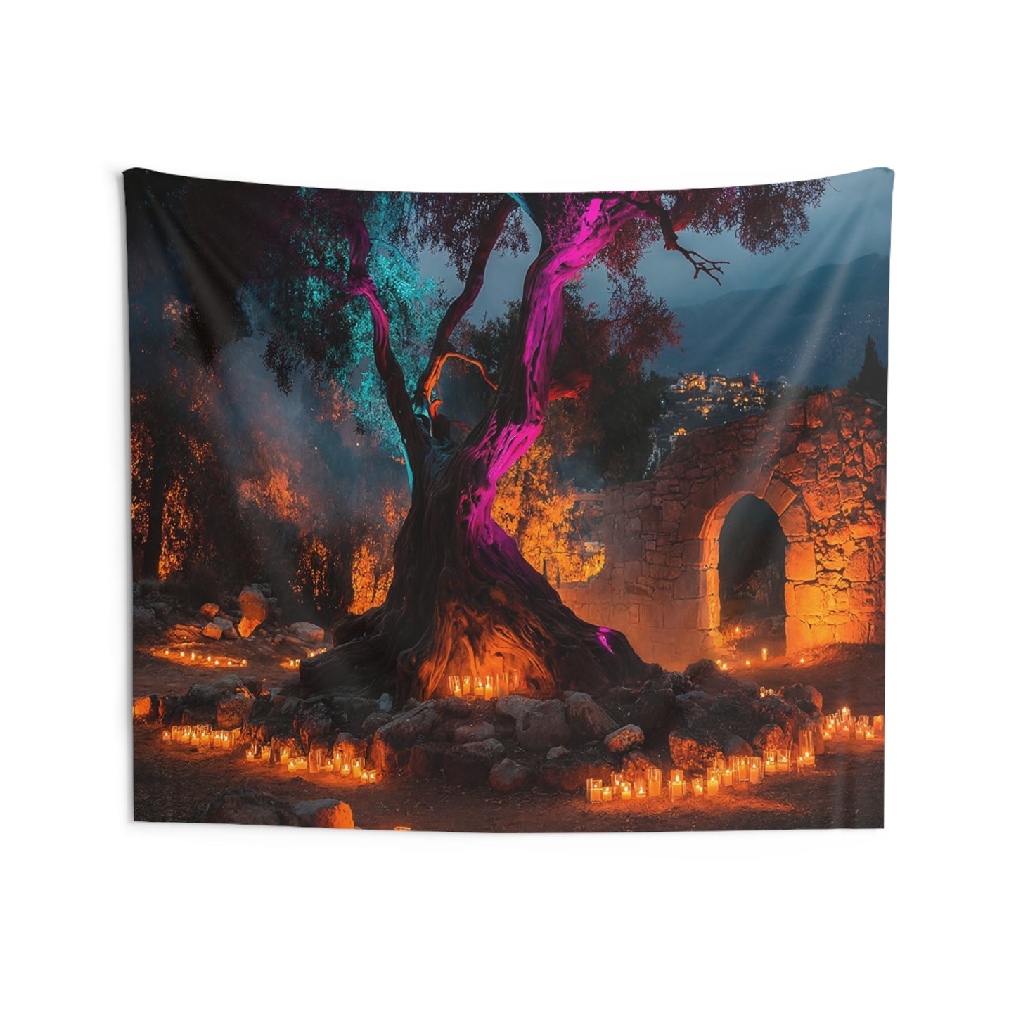 Ancient Grove Candlelight Tapestry – Mystical Tree Sanctuary at Dusk