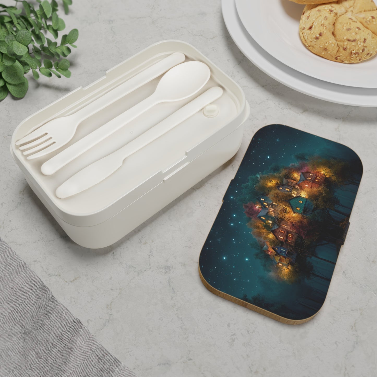 Starlit Hillside Village Bento Lunch Box – Warm Lights in the Whispering Woods