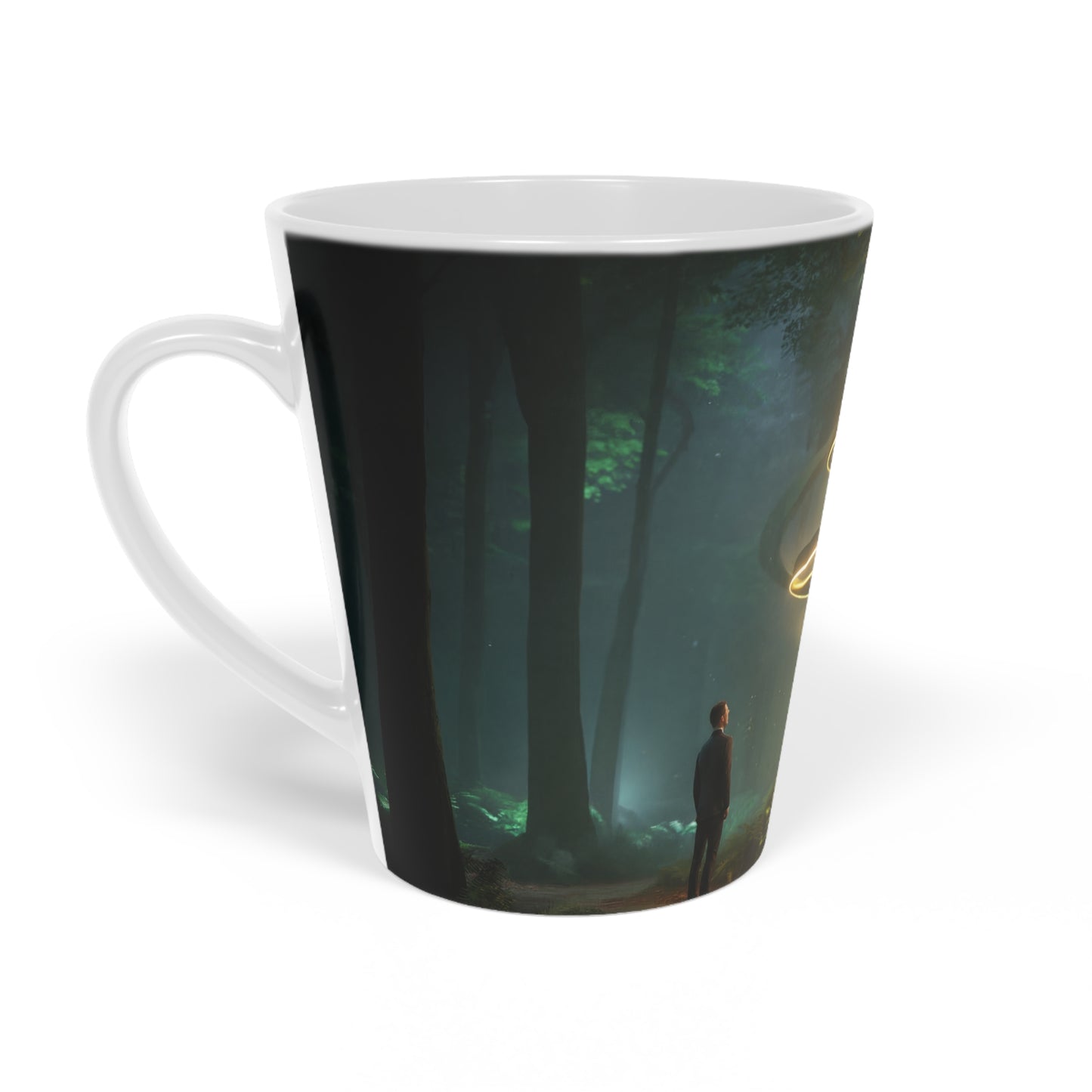 Spiral Light Forest Latte Mug, 12oz – Golden Vortex in the Twilight Grove