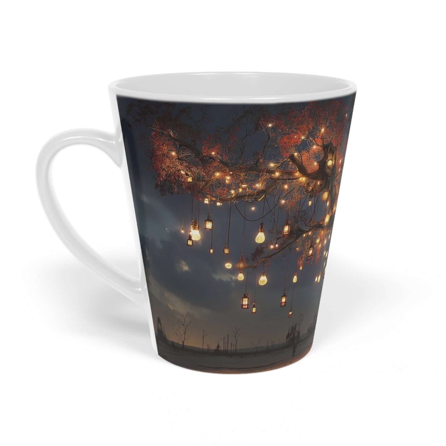 Lantern-Lit Wisp Tree Latte Mug, 12oz – Amber and Blue Guardian Grove