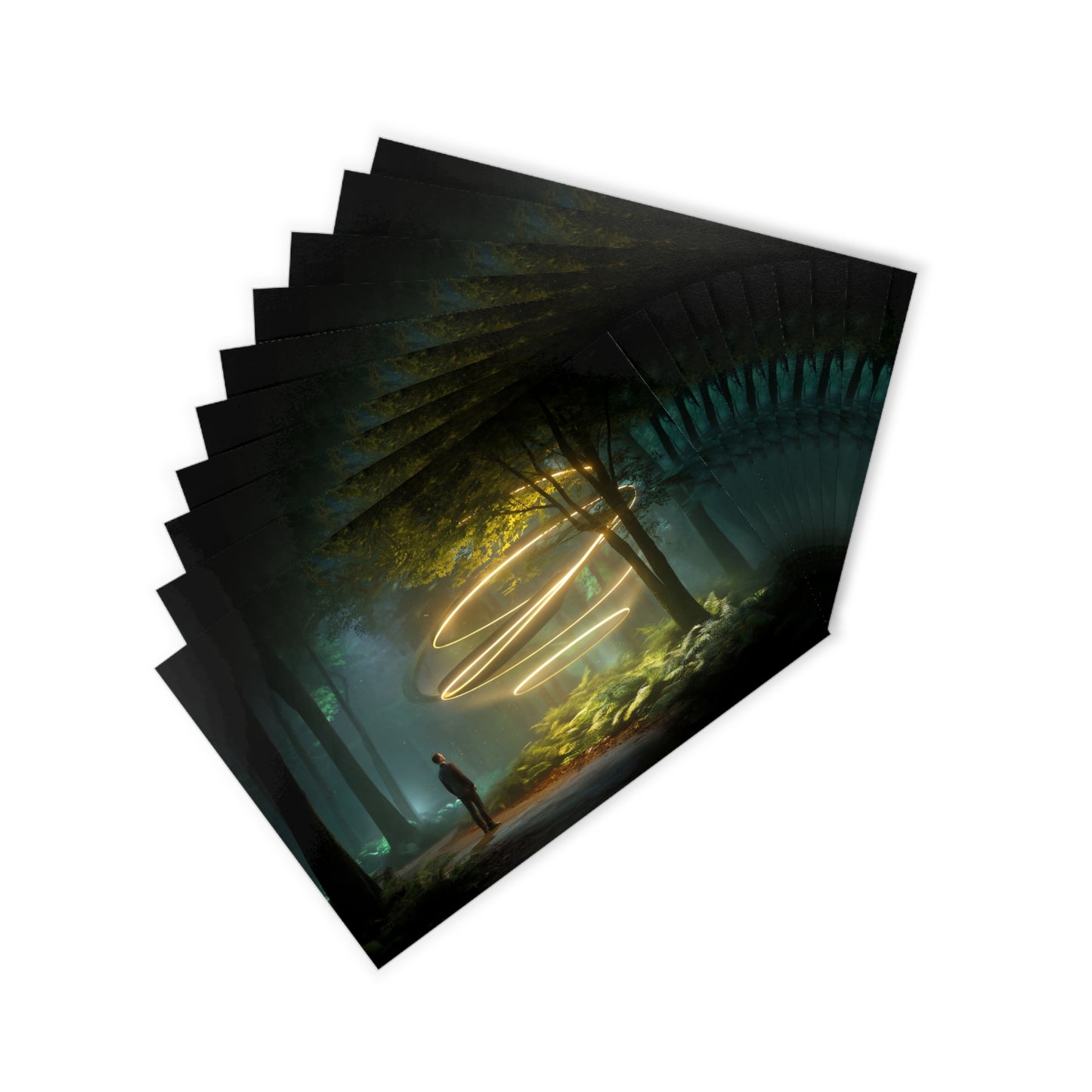 Standing Man Staring at Glowing Rings Postcards (10pcs) – Golden Helix Forest Glimmer