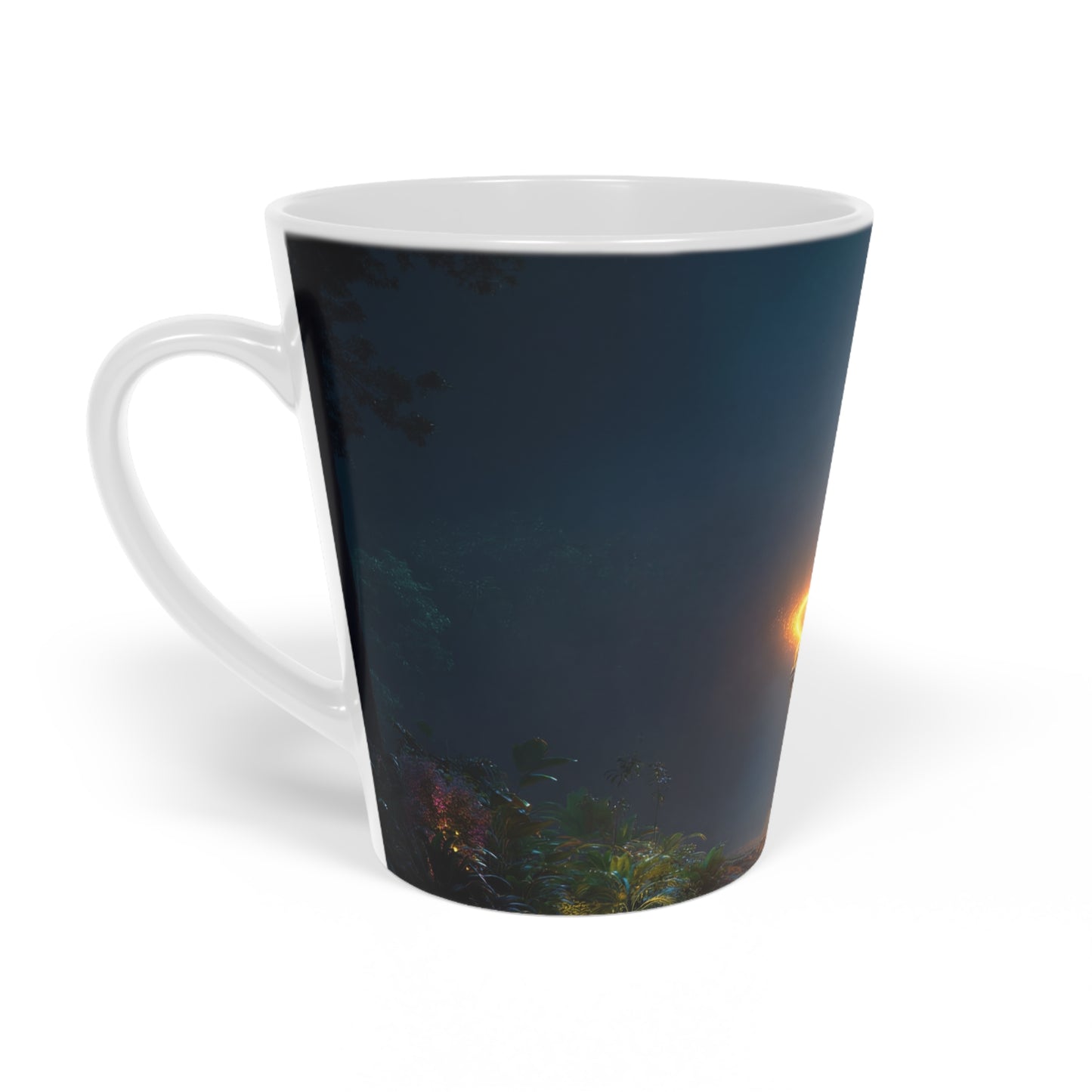Luminous Floating Island Latte Mug – Amber Glow Through Tropical Night