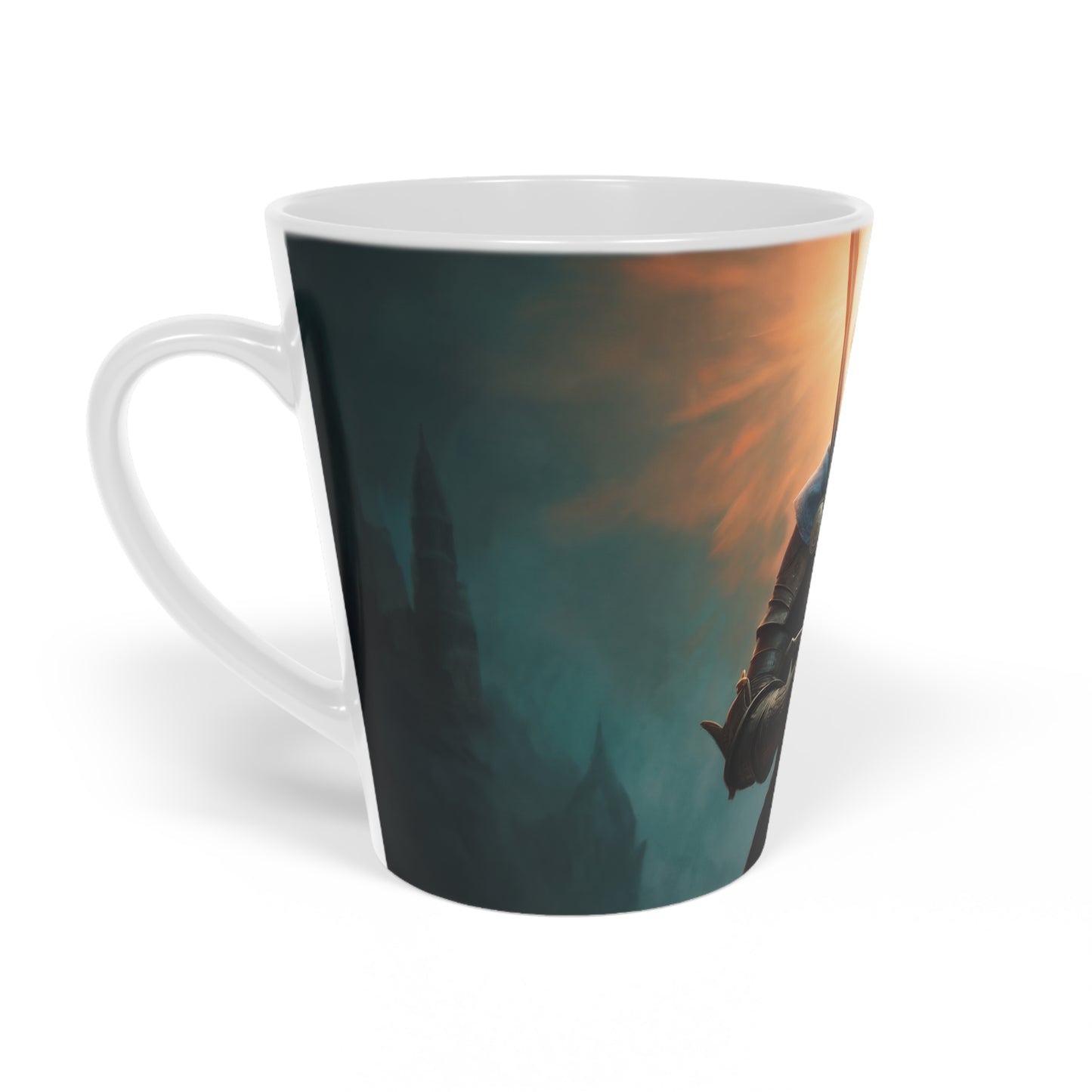 Sunlit Sentinel Latte Mug, 12oz – Dawn’s Radiant Armor Design