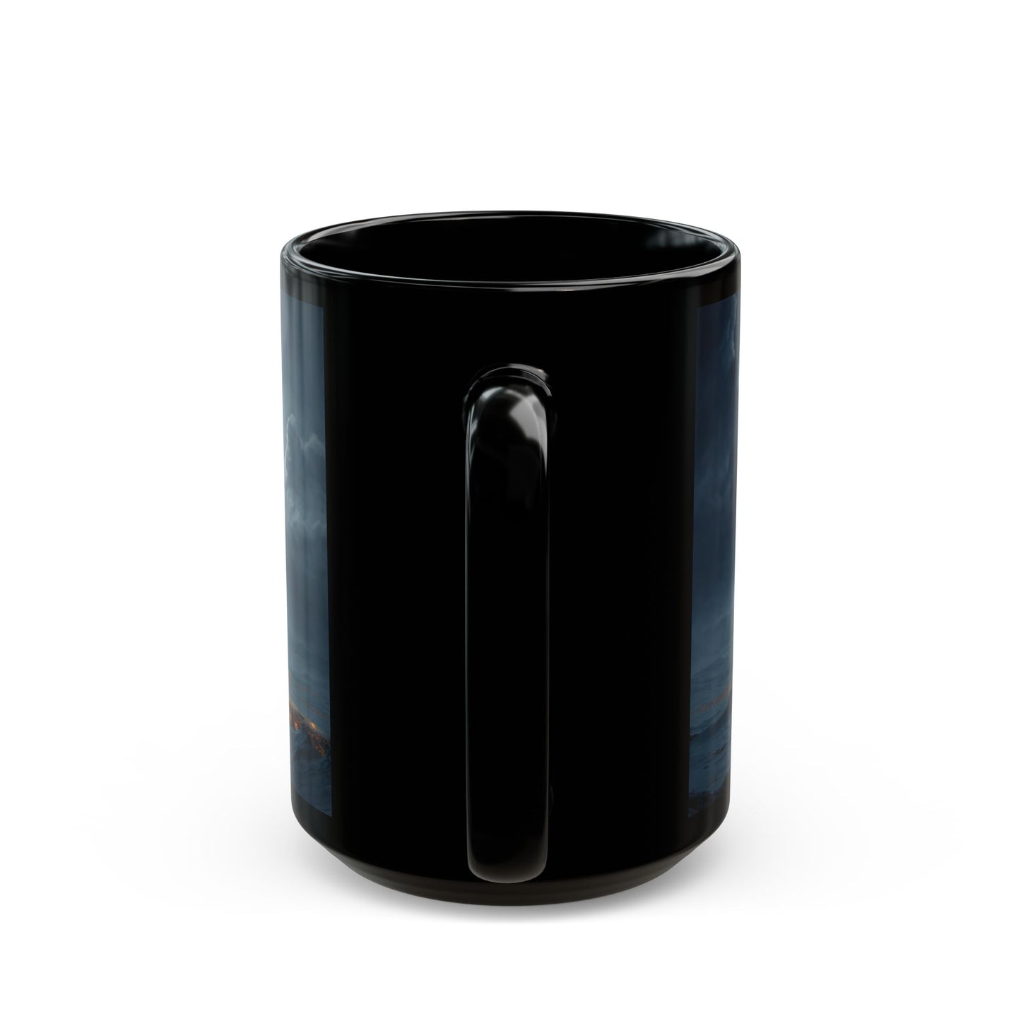 Moonlit Sleigh Ride Black Mug – Winter’s Silent Journey Over Snowy Peaks