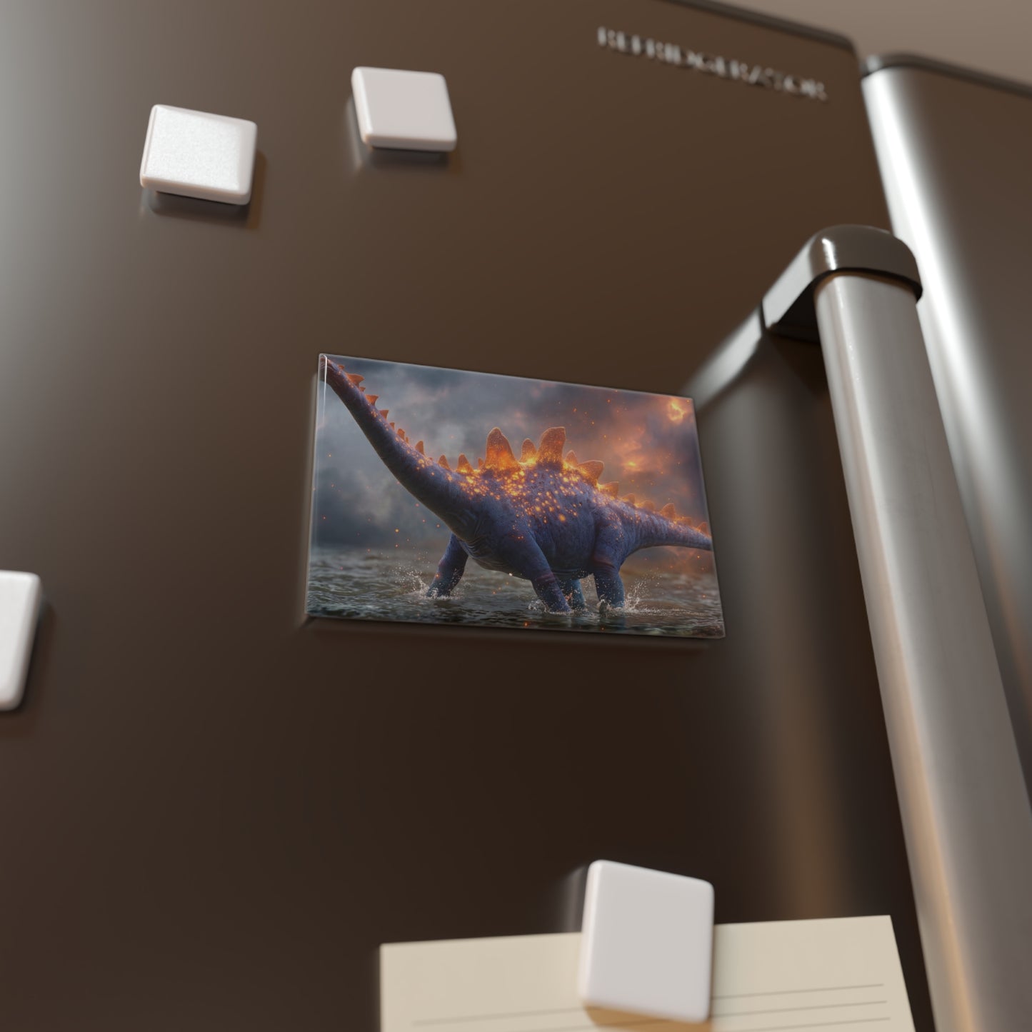 Celestial Stegosaurus Button Magnet, Rectangle (1 & 10 pcs) – Twilight Guardian of the Ancient Marsh