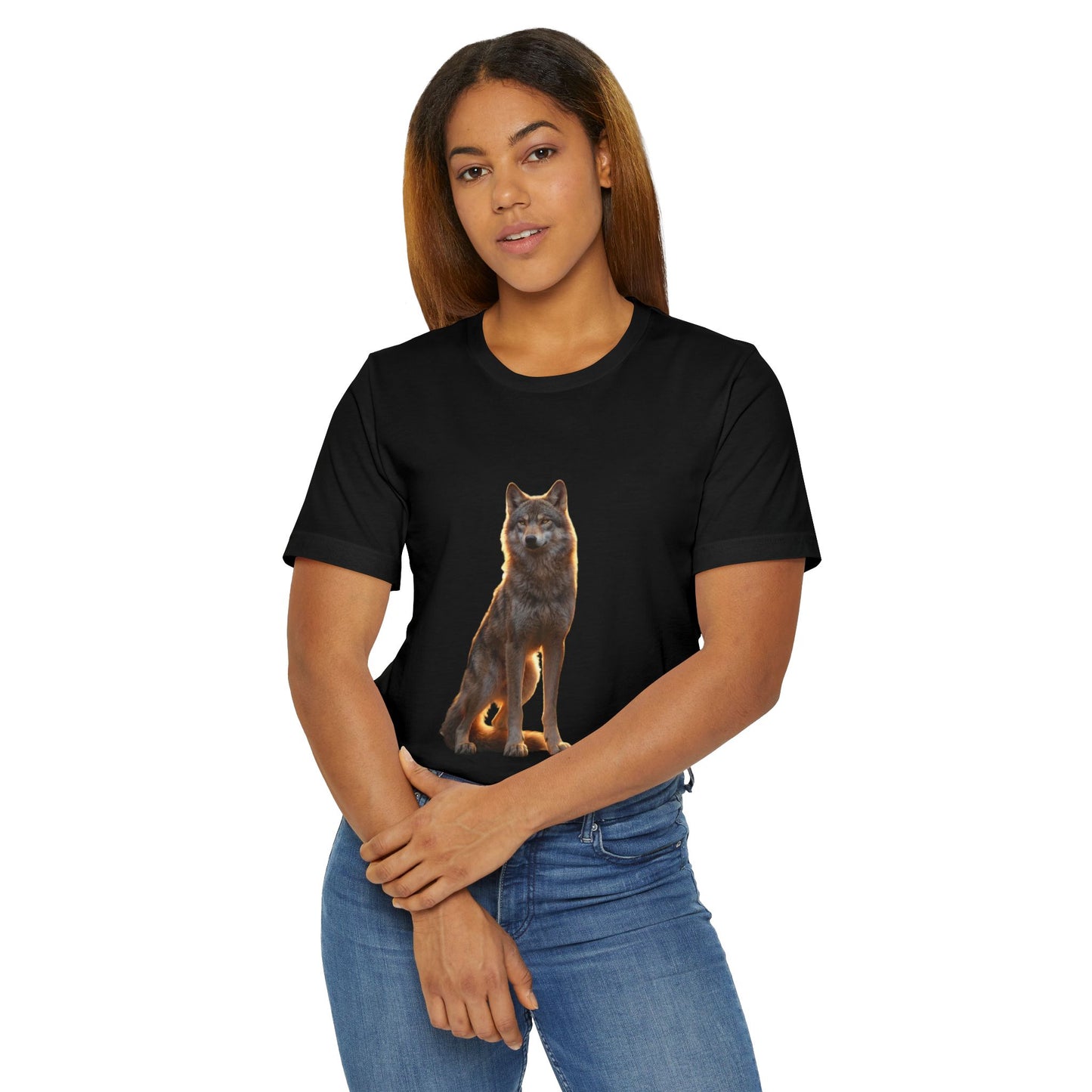 Sentinel Wolf Unisex Jersey T-Shirt – Golden Hour Guardian Portrait