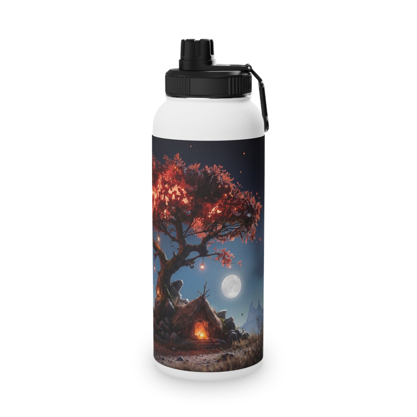 Whispering Ember Tree Stainless Steel Water Bottle, Sports Lid – Moonlit Campfire Sanctuary