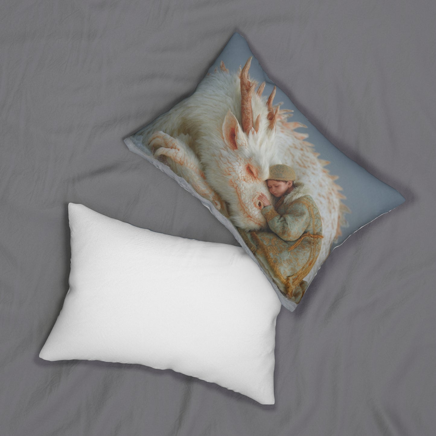 Child and White Dragon Lumbar Pillow – Snowbound Serenity Dreamscape