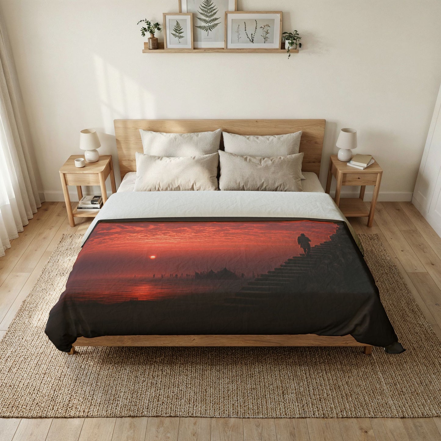 Twilight Stairway Cotton Duvet Cover – Crimson Moonlit Horizon Bedding