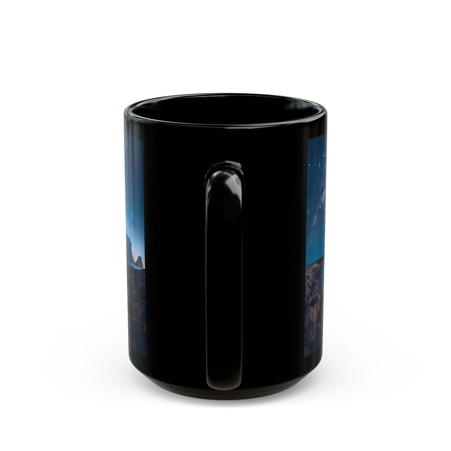 Celestial Archway Black Mug – Milky Way Over Moonlit Coastline