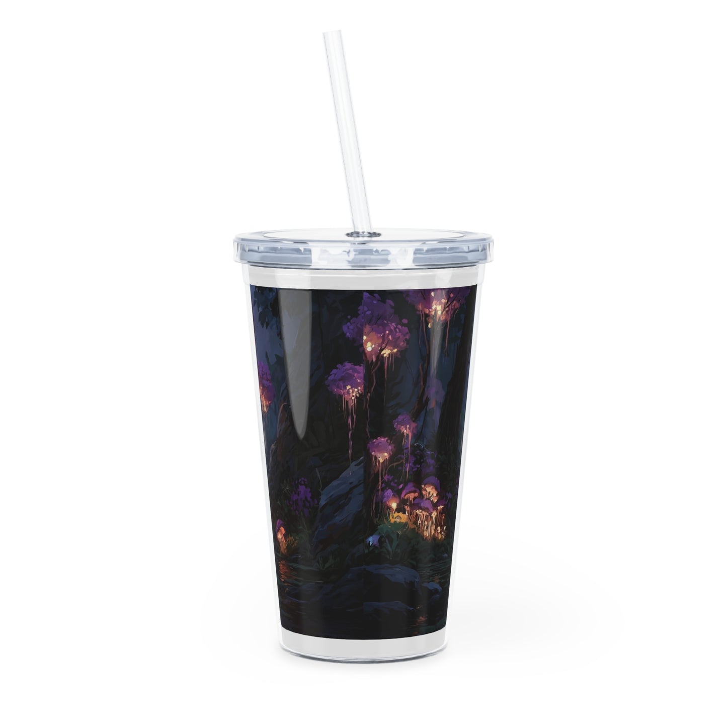 Bioluminescent Grove Plastic Tumbler with Straw – Twilight River of Living Light