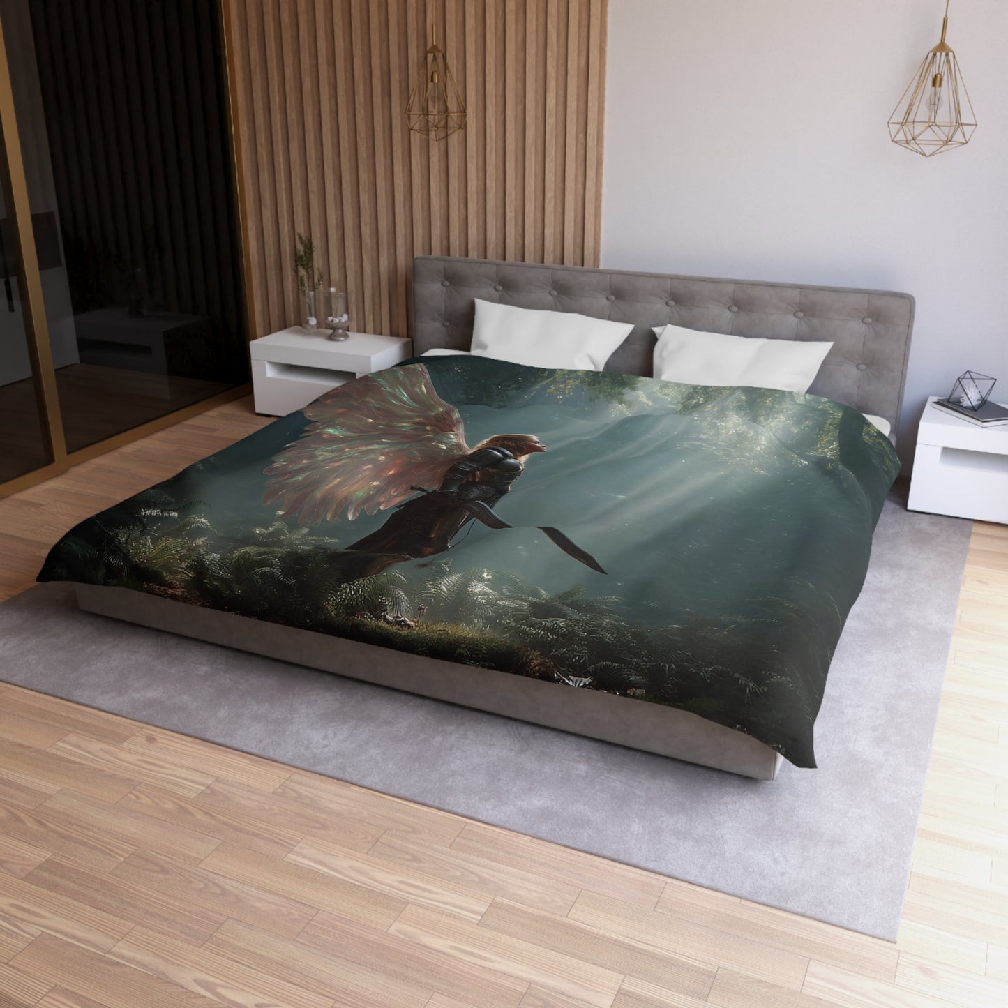 Winged Sentinel Microfiber Duvet Cover – Sunbeam Sanctuary in the Ancient Grove