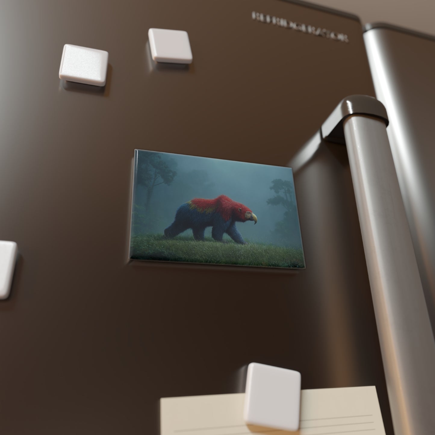 Parrot-Bear in Misty Jungle Button Magnet, Rectangle (1 & 10 pcs) – Velvet-Plumed Guardian of the Fog