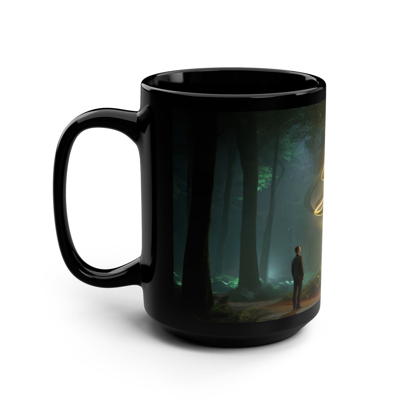 Golden Spiral Forest Black Mug, 15oz – Luminescent Light Rings on Mossy Path
