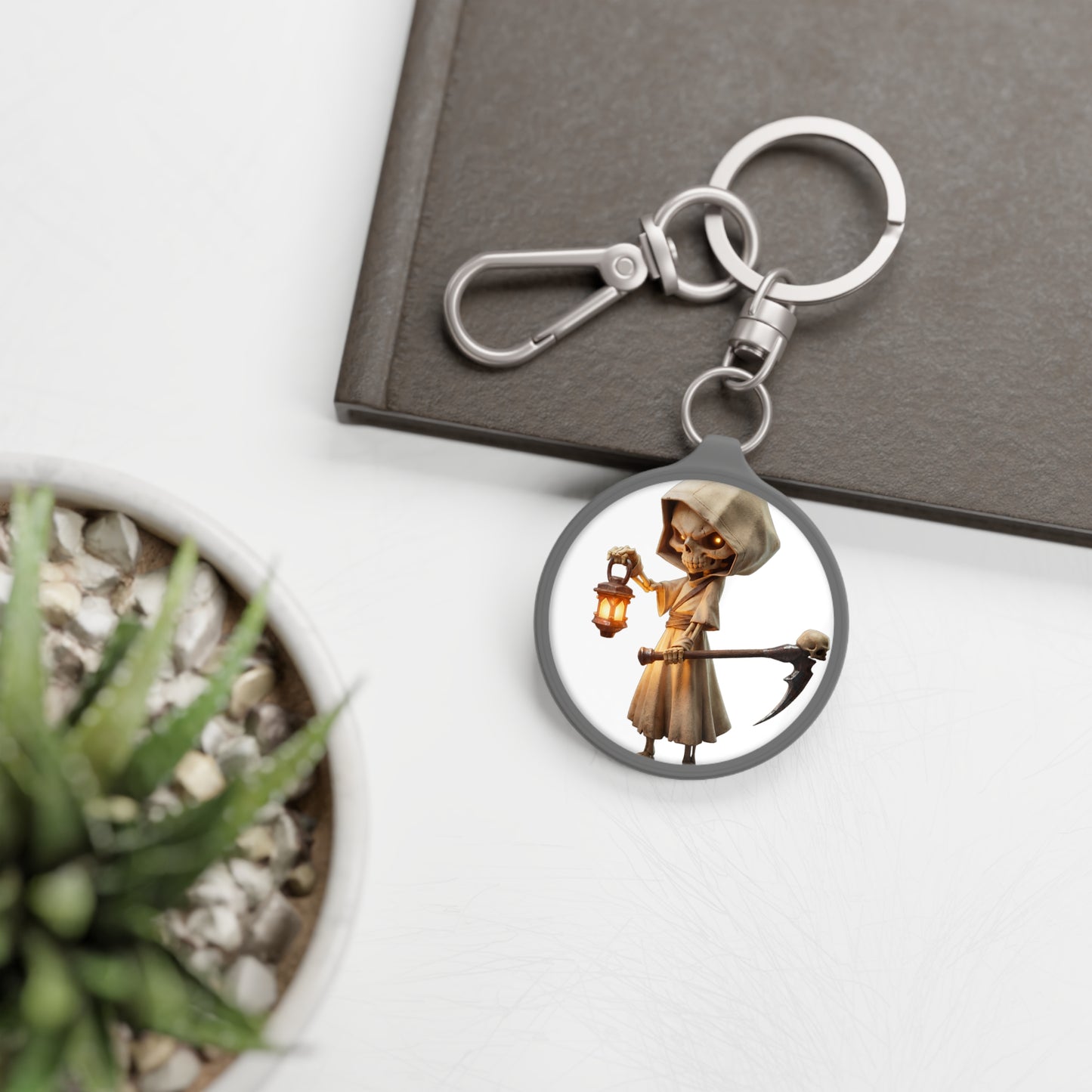 Hooded Lantern Skeleton Keyring Tag – Gentle Guardian with Scythe and Skull-Topped Scythe