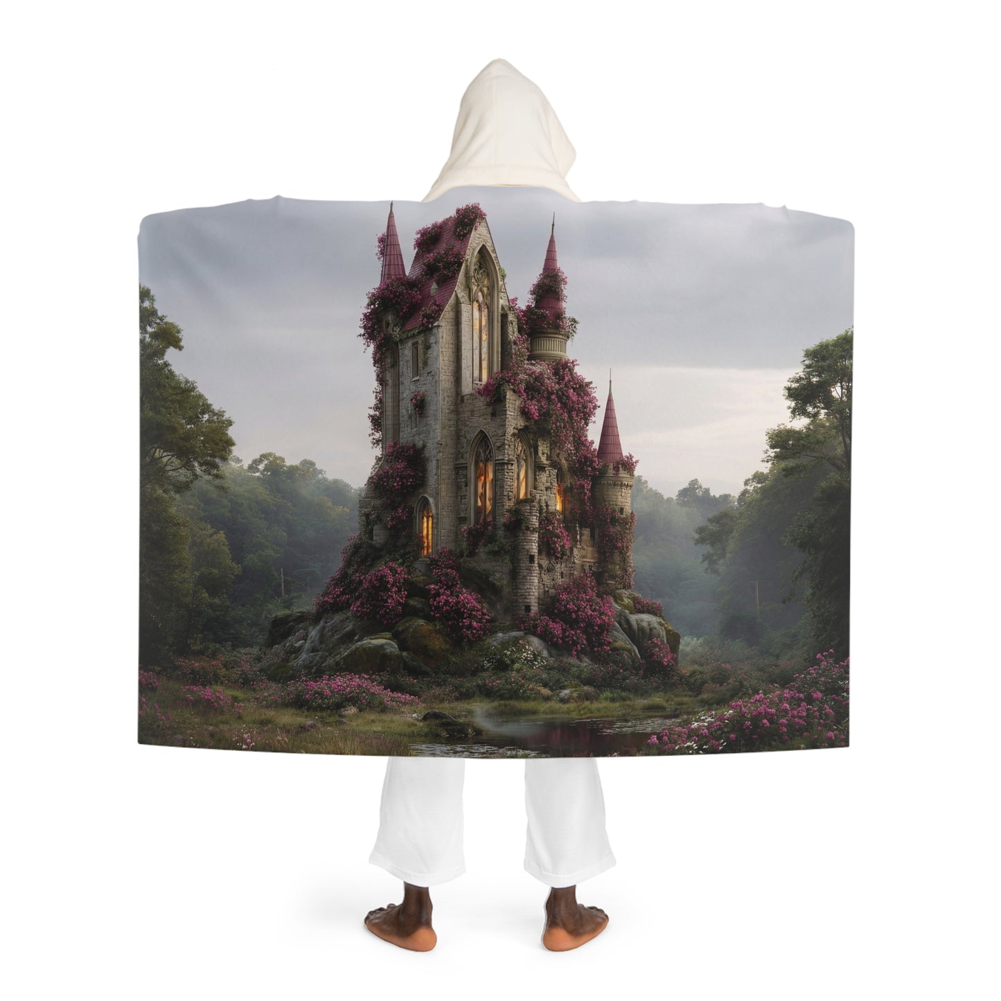 Rose-Clad Castle Hooded Sherpa Fleece Blanket – Twilight Bloom Sanctuary
