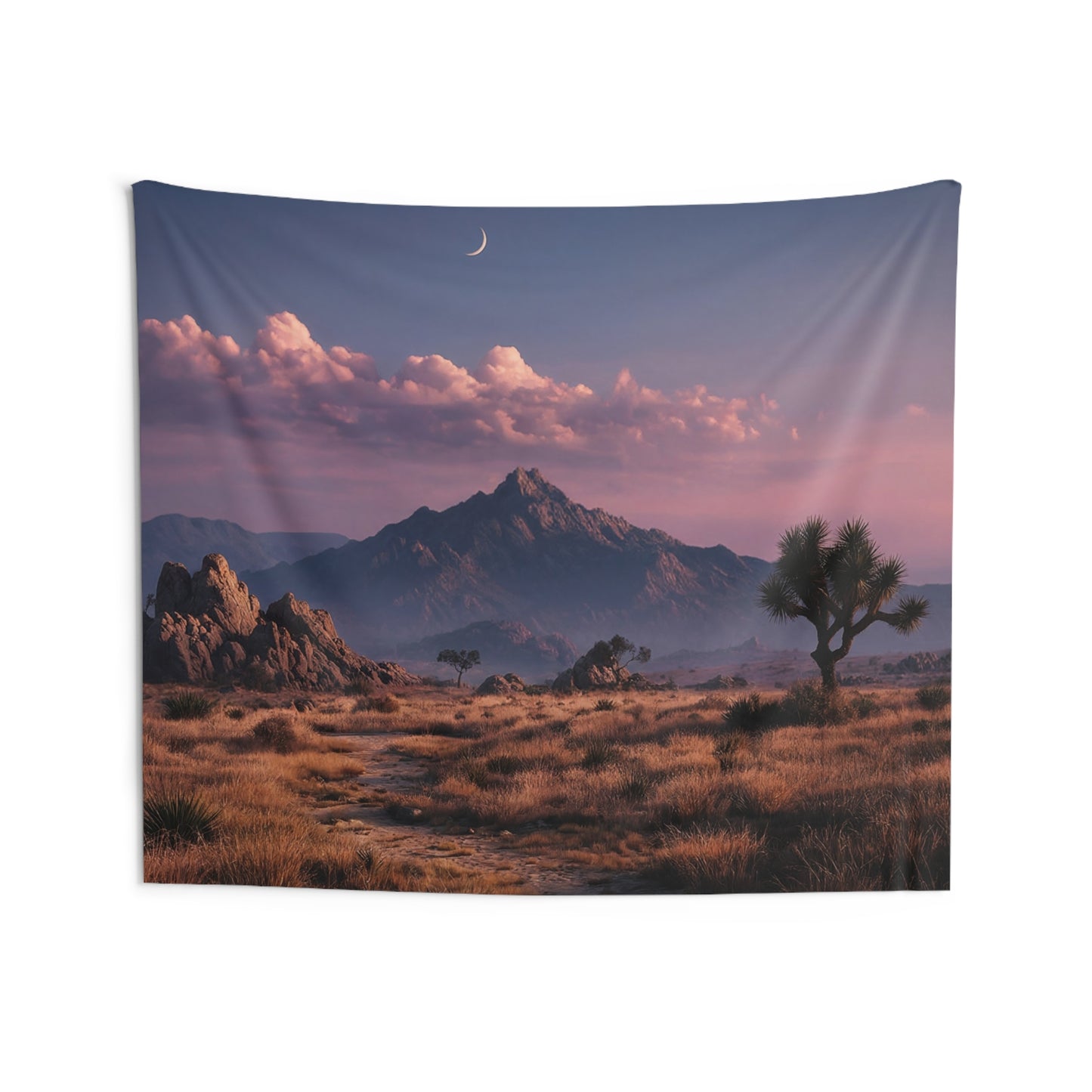Desert Moonrise Wall Tapestry – Whispering Path Through Joshua Tree Canyon