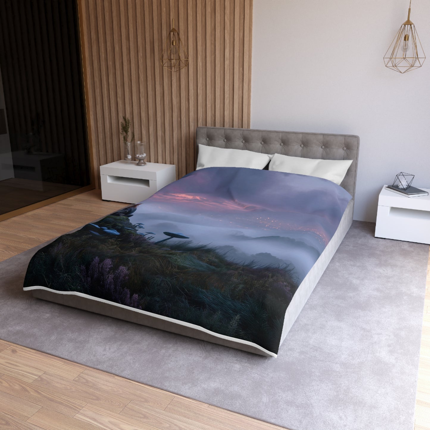 Moonlit Wanderer Microfiber Duvet Cover – Twilight Vista with Bioluminescent Fungi