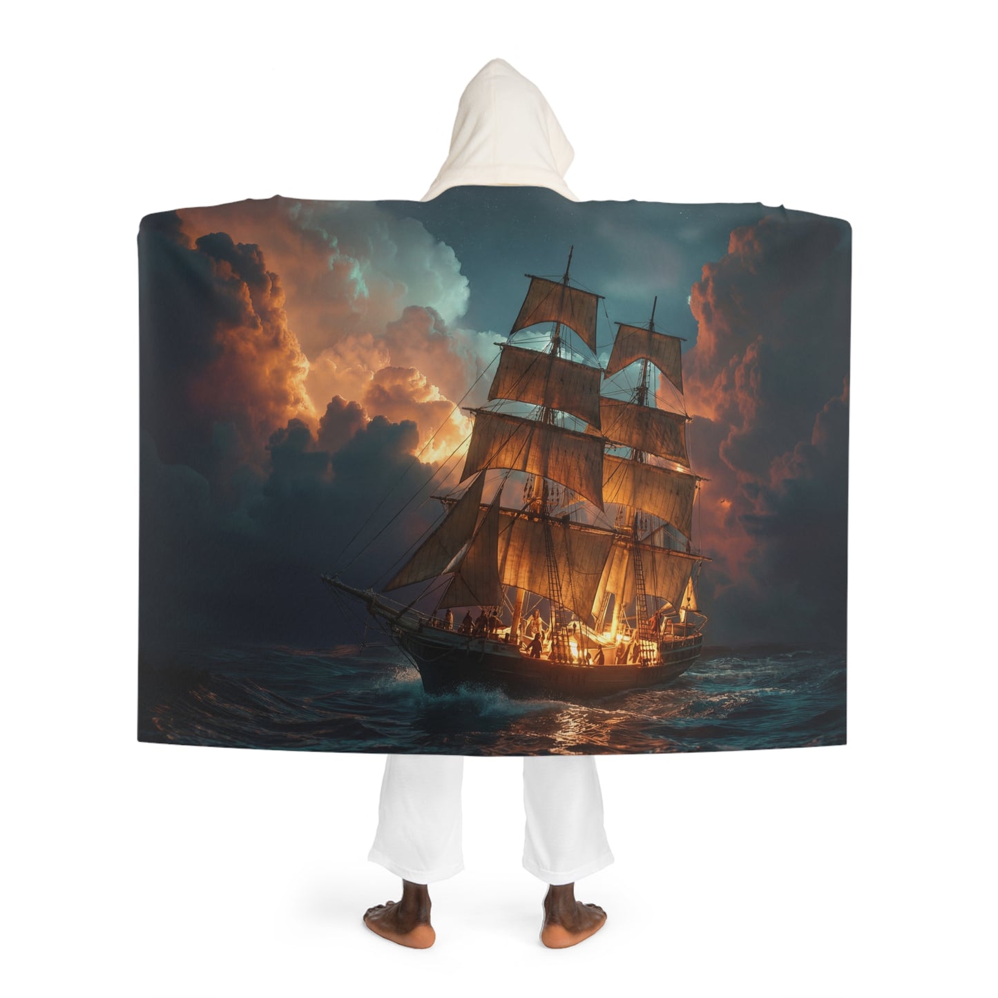 Golden Horizon Hooded Sherpa Fleece Blanket – Twilight Voyage and Warm Sail