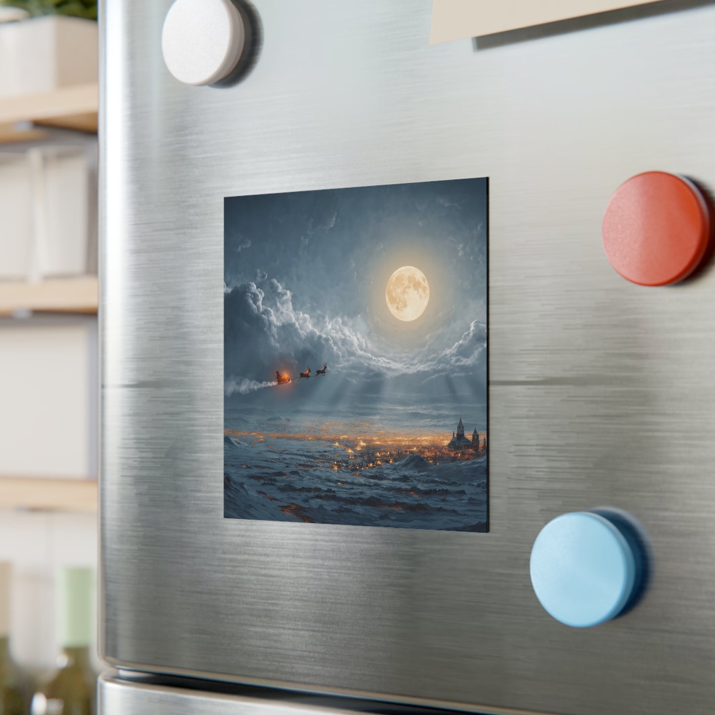 Lunar Sleigh Ride Square Magnet – Midnight Frost Over Snow-Covered Town