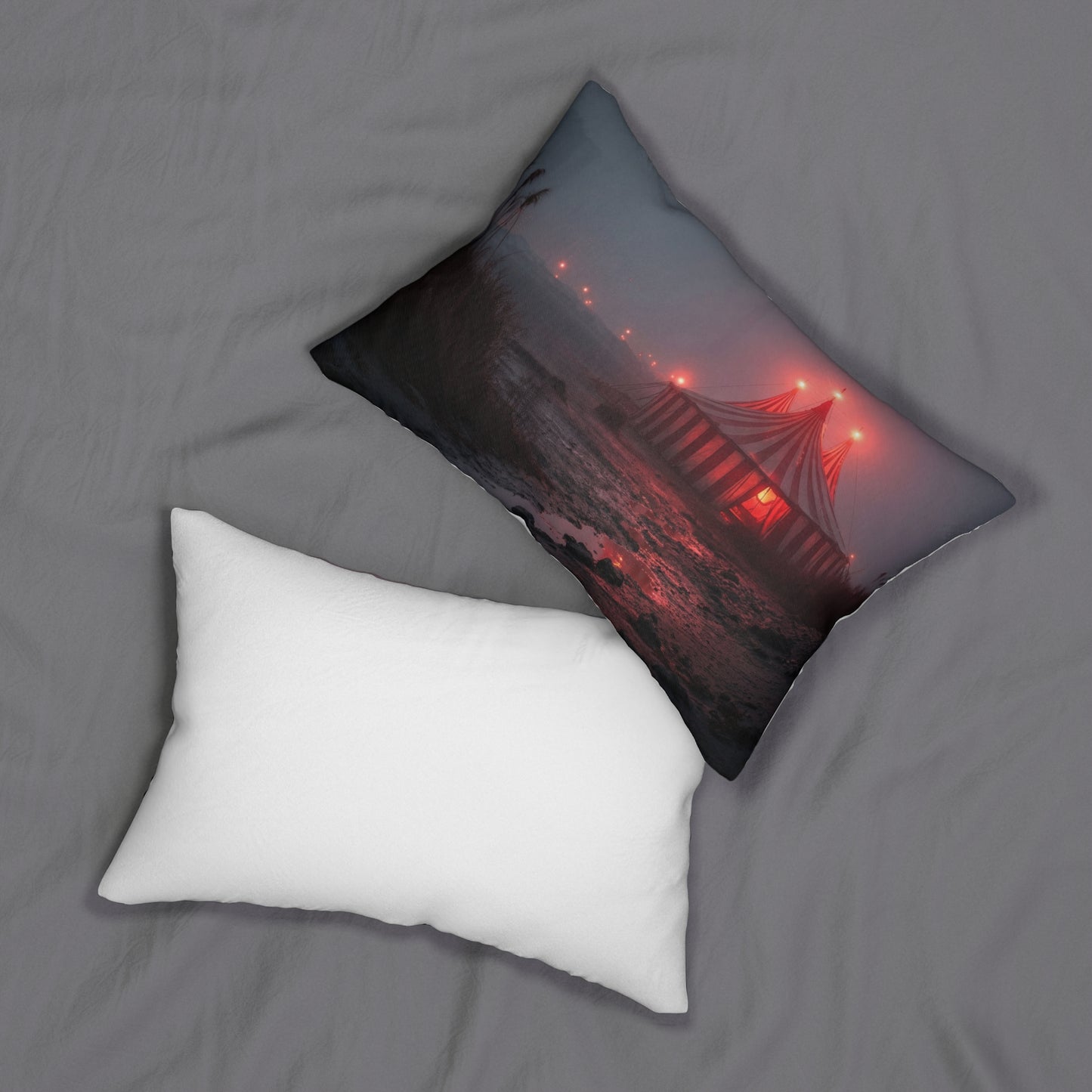 Crimson Carnival Tent Lumbar Pillow – Foggy Shoreside Wonder