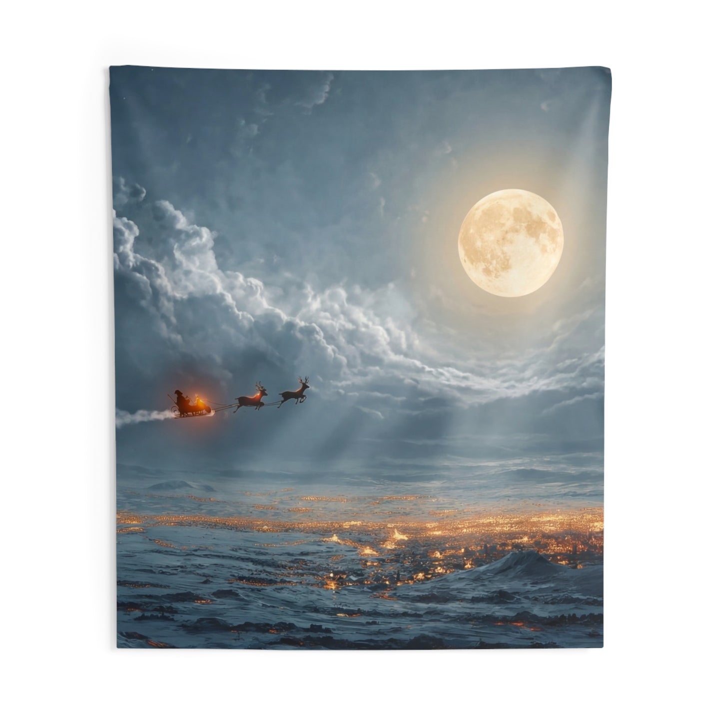 Moonlit Sleigh Ride Indoor Wall Tapestries – Winter’s Silent Journey Over Snow-Covered Town