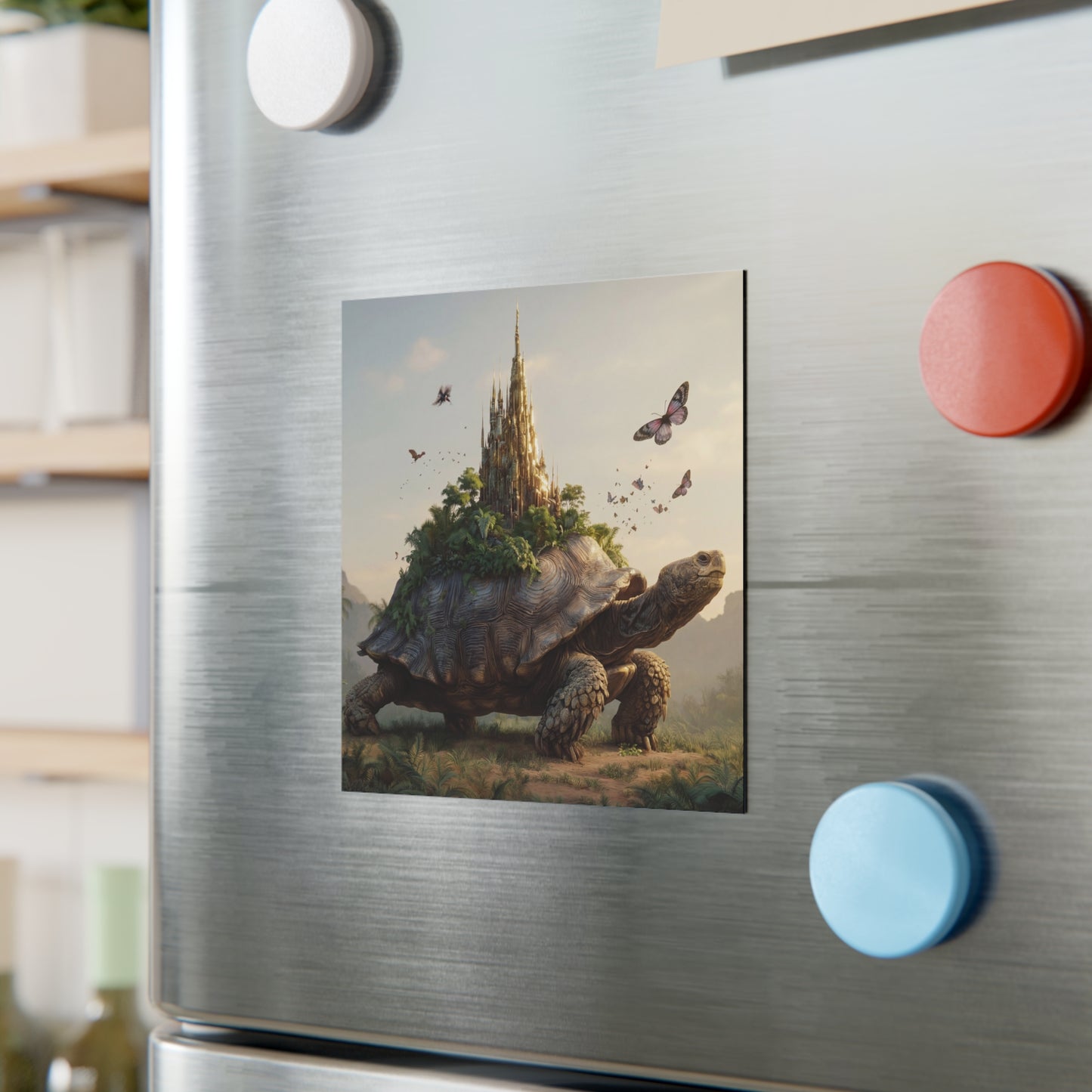 Castle on Turtle Back Square Magnet – Sunlit Fantasy Sanctuary