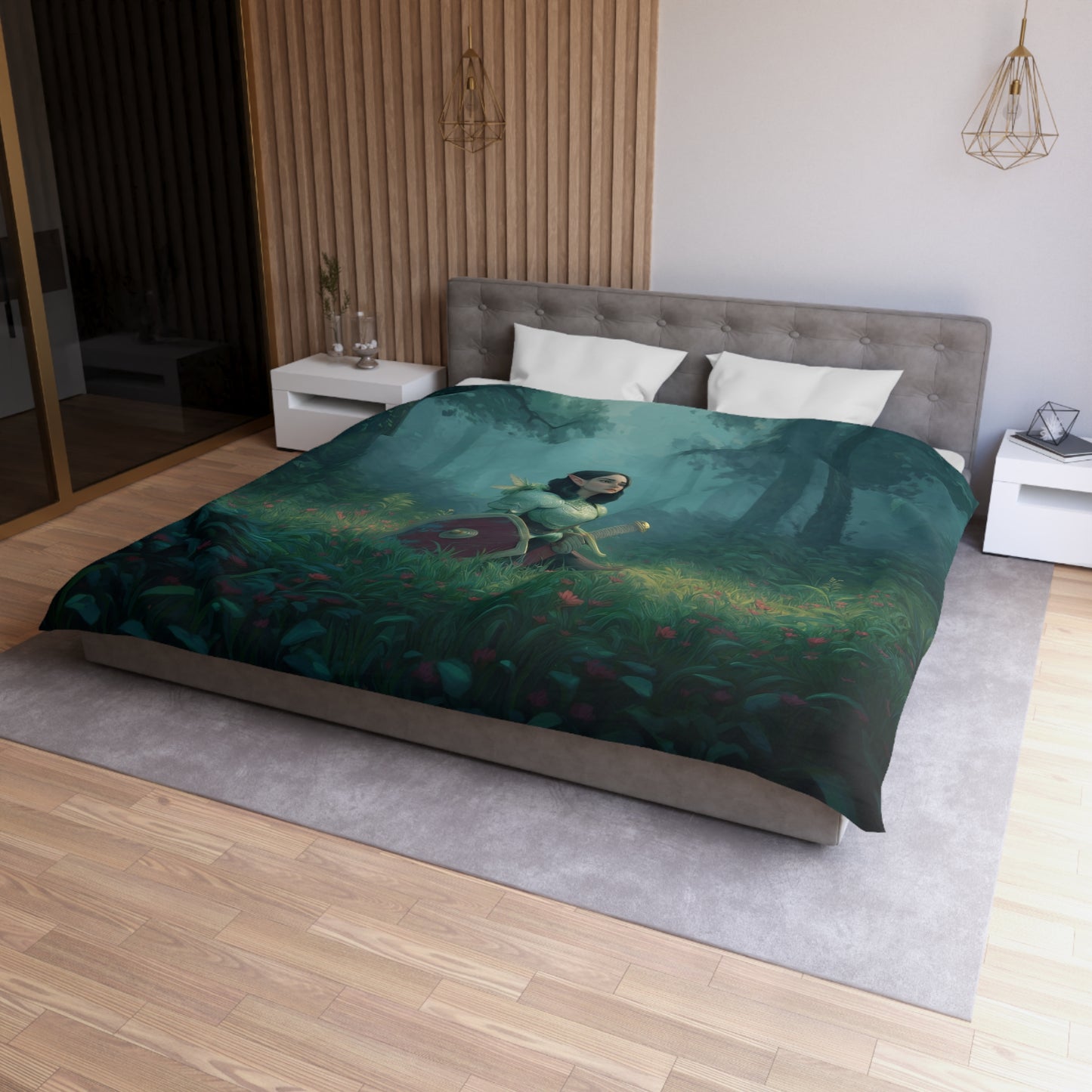 Sentinel Elf Forest Guardian Duvet Cover – Misty Grove Knight Resting Scene