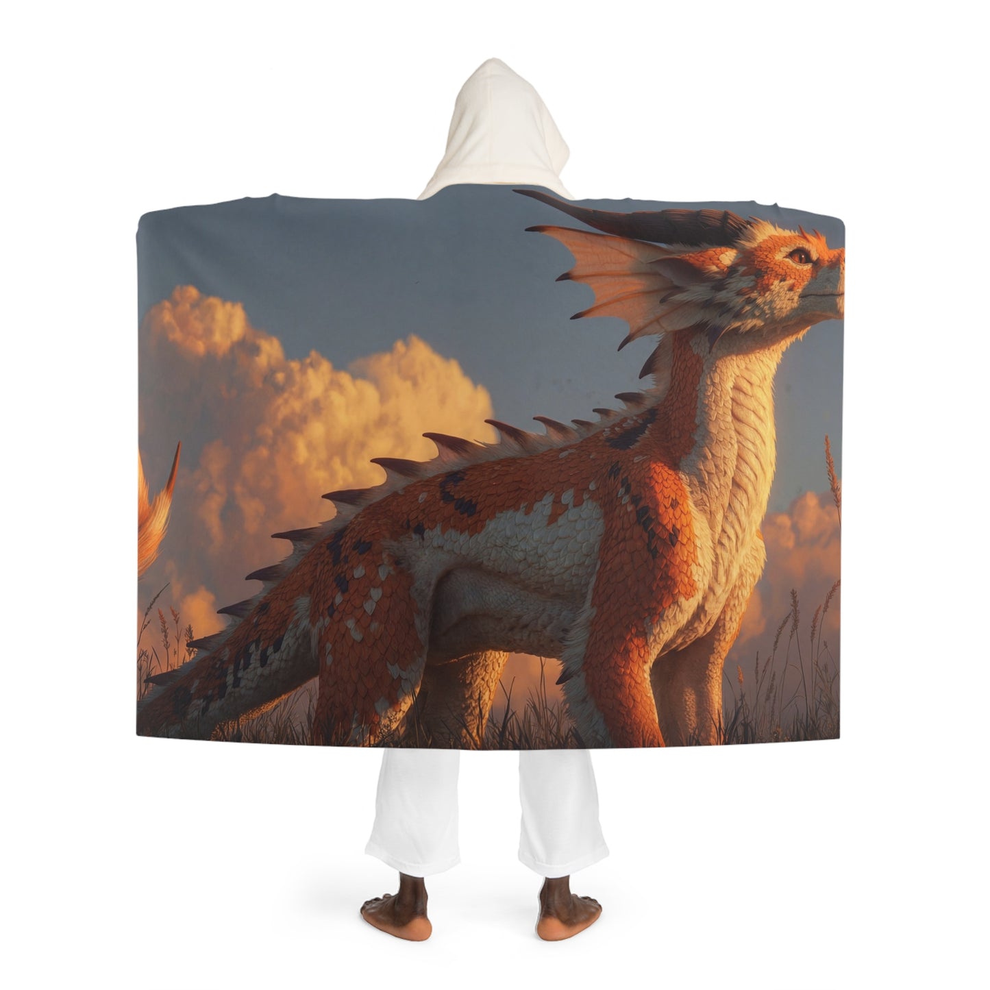 Sunset Sentinel Dragon Hooded Sherpa Fleece Blanket – Golden Hour Guardian
