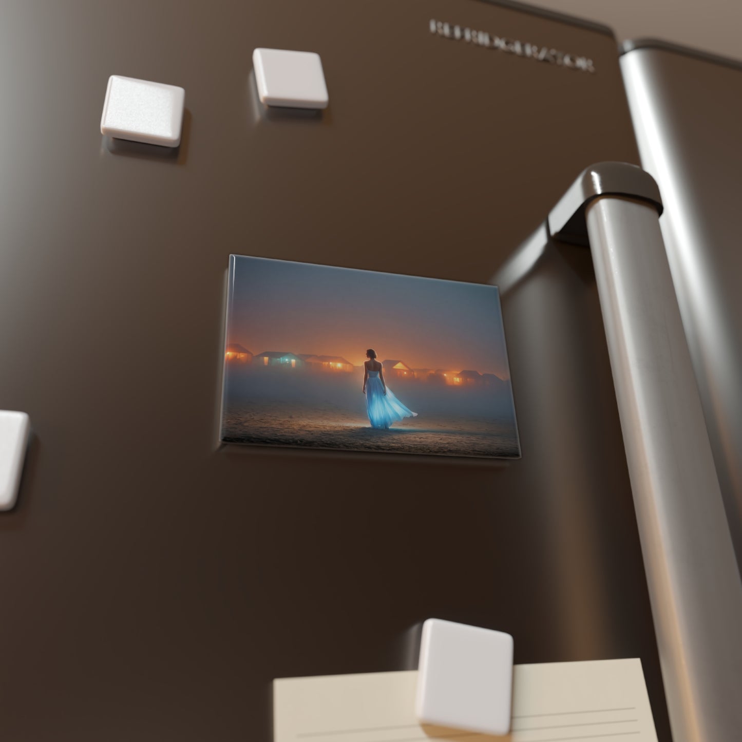 Twilight Beach Dreamer Button Magnet, Rectangle (1 & 10 pcs) – Luminescent Gown Against Glowing Cabins