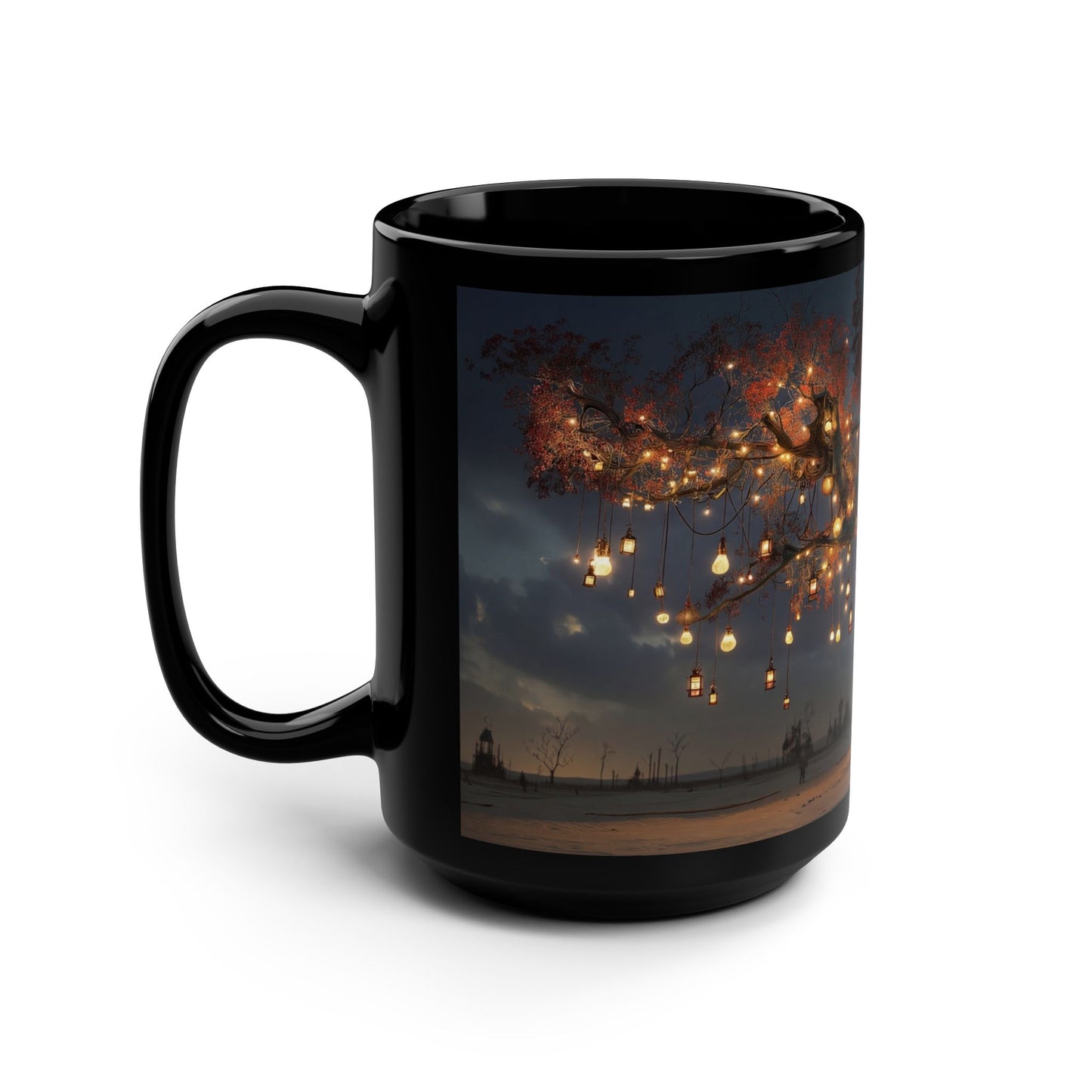 Lantern Tree Black Mug, 15oz – Bioluminescent Grove Sanctuary