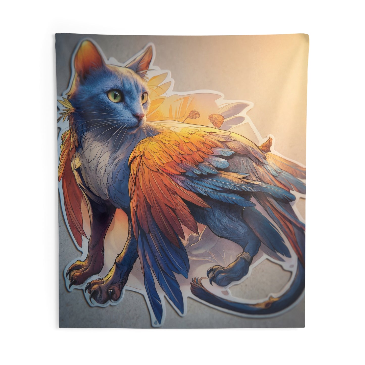 Azure Winged Cat Indoor Wall Tapestries – Sunset Guardian with Feathers of Twilight