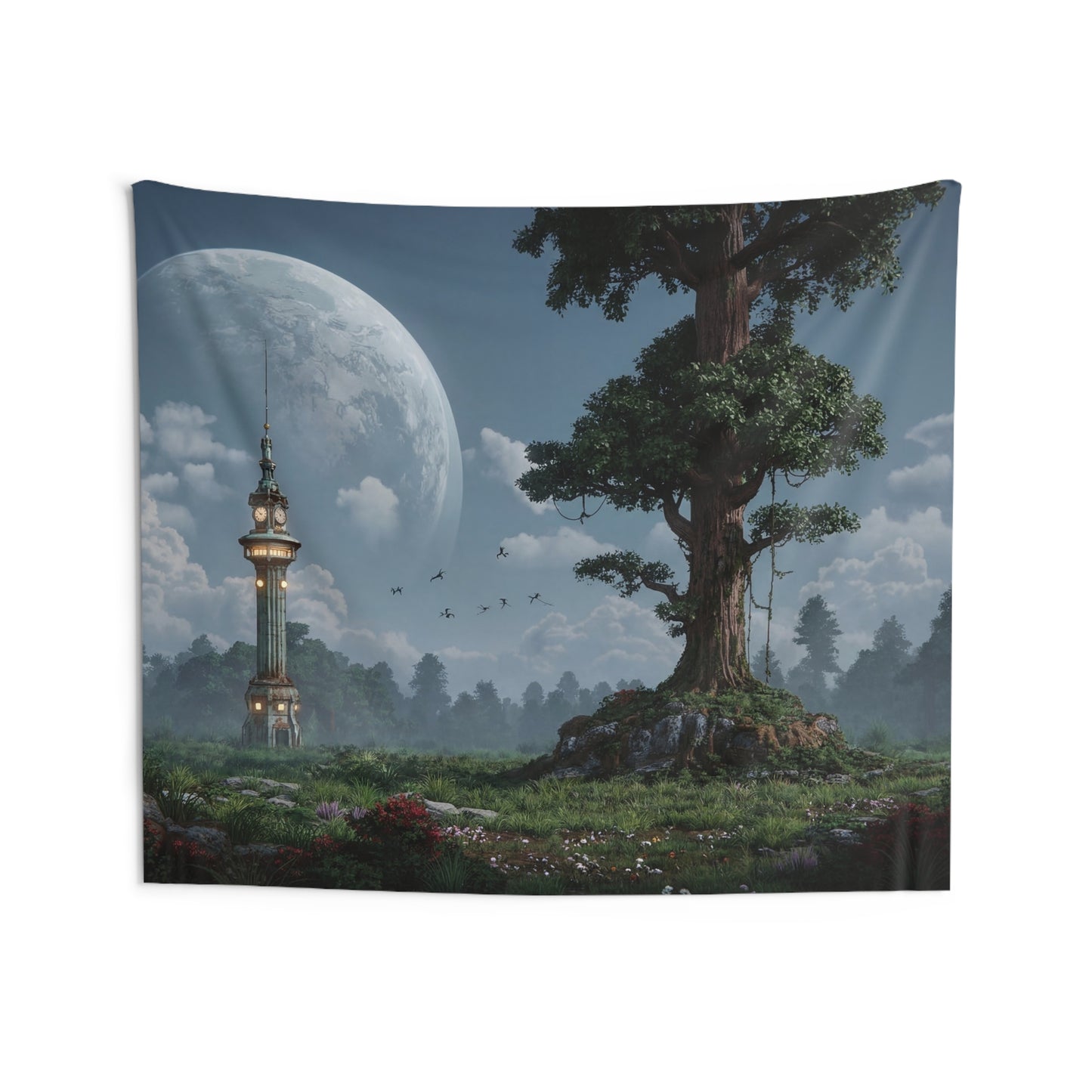 Moonlit Clocktower and Ancient Tree Tapestry – Whispers of Time in a Dream Forest