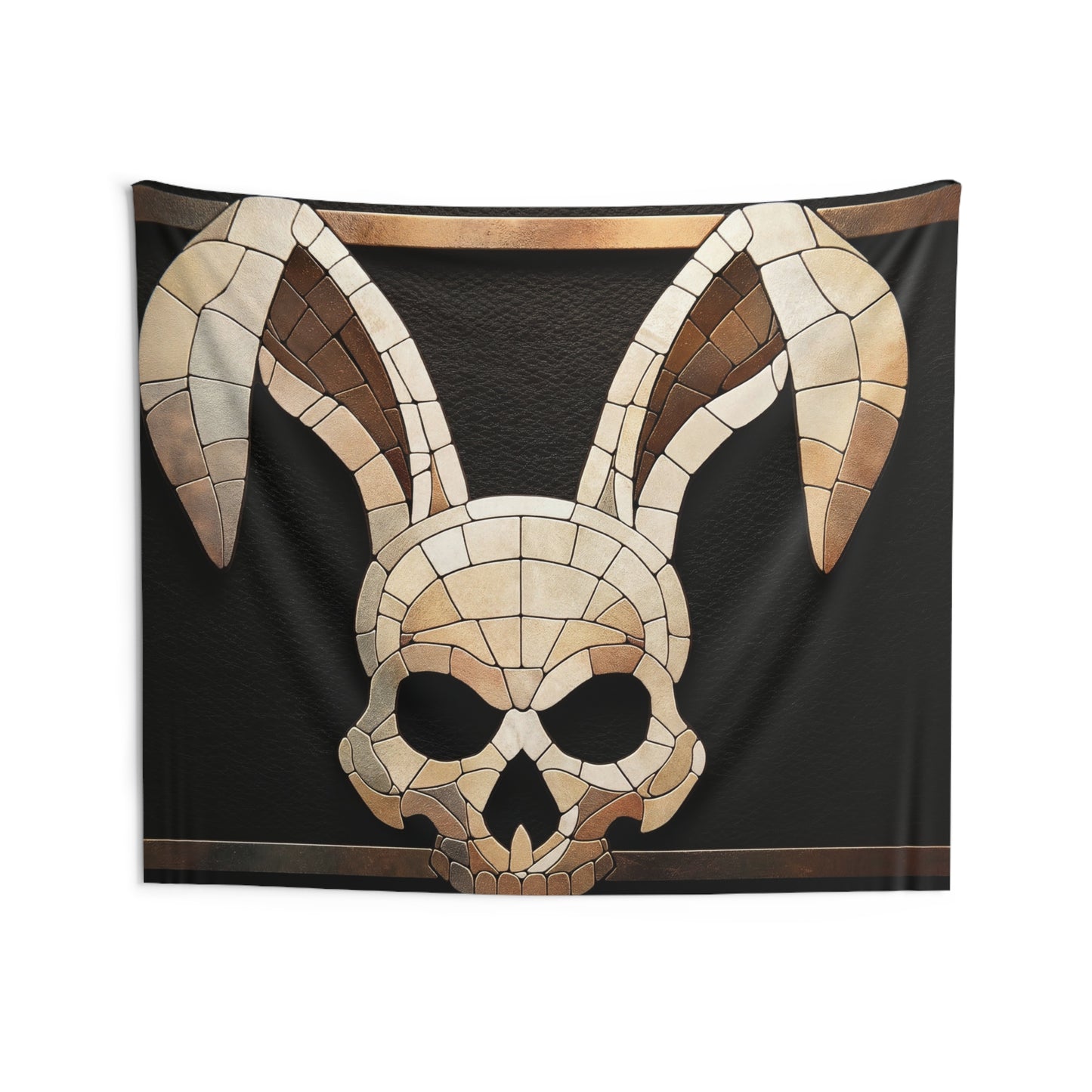 Mosaic Bunny Skull Wall Tapestry – Antique Bone & Copper Dreamscape