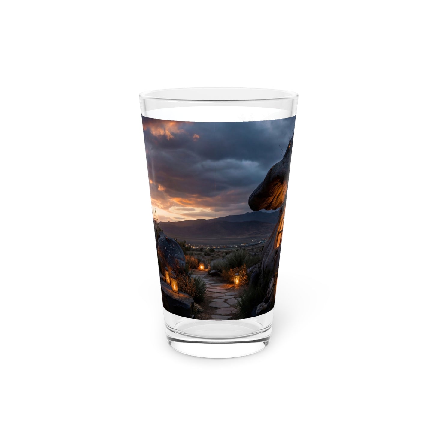 Mushroom Cottage Sunset Pint Glass – Warm Glow Over Whispering Peaks