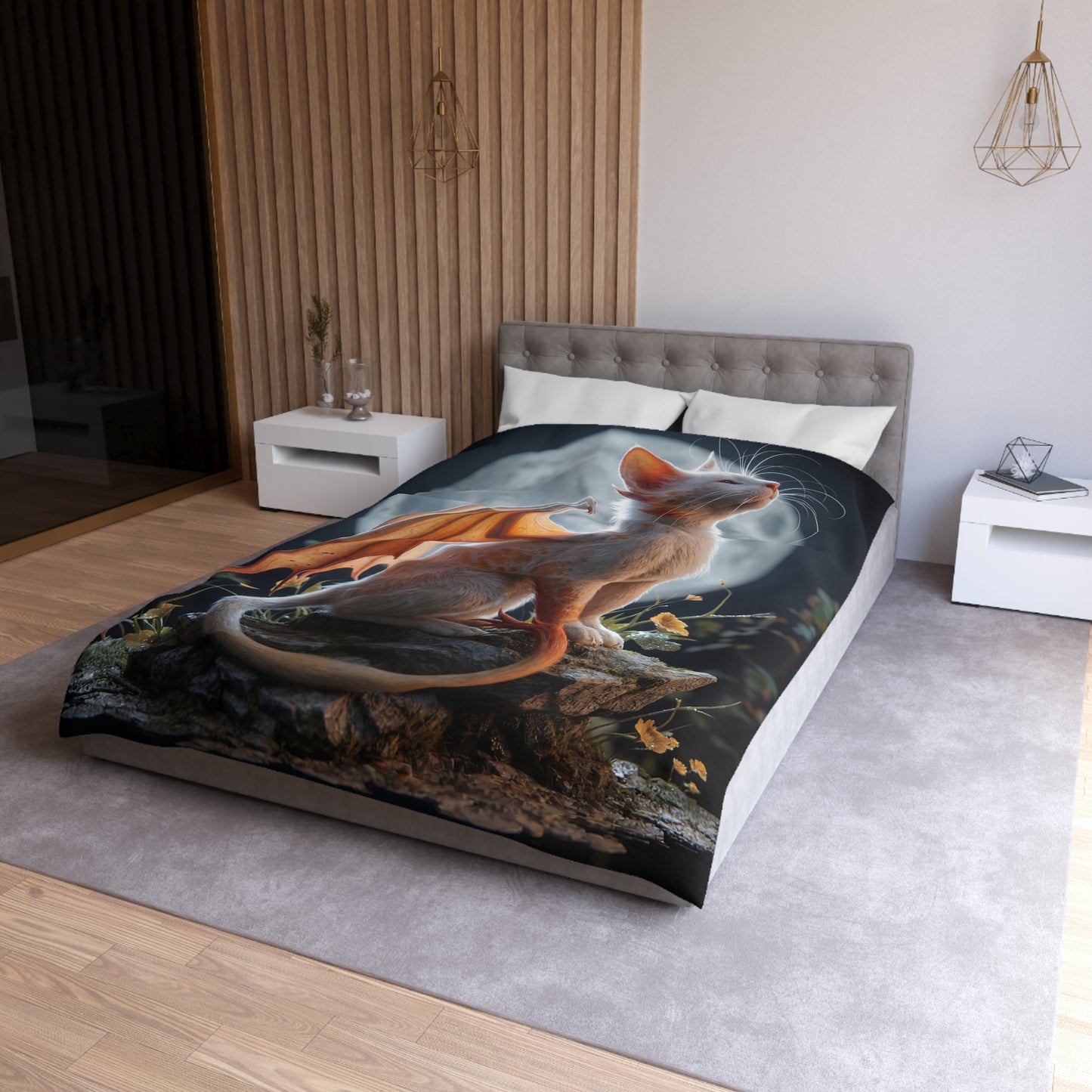 Lunar Dragon Cat Microfiber Duvet Cover – Moonlit Sentinel Dreamscape