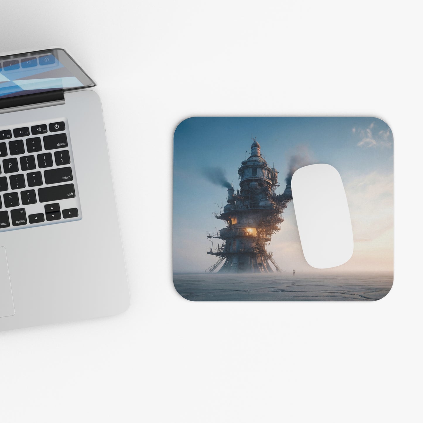 Skyward Spire Mouse Pad (Rectangle) – A lone traveler approaches a steampunk tower at dawn
