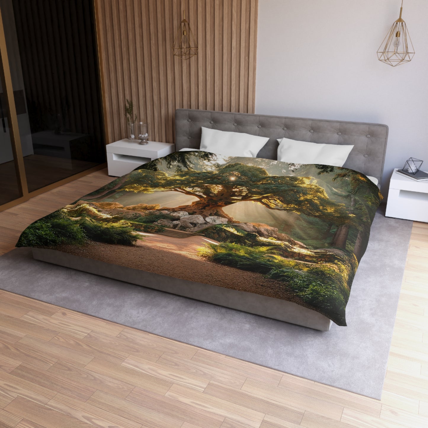 Ancient Sentinel Tree Microfiber Duvet Cover – Golden Sunbeam Sanctuary
