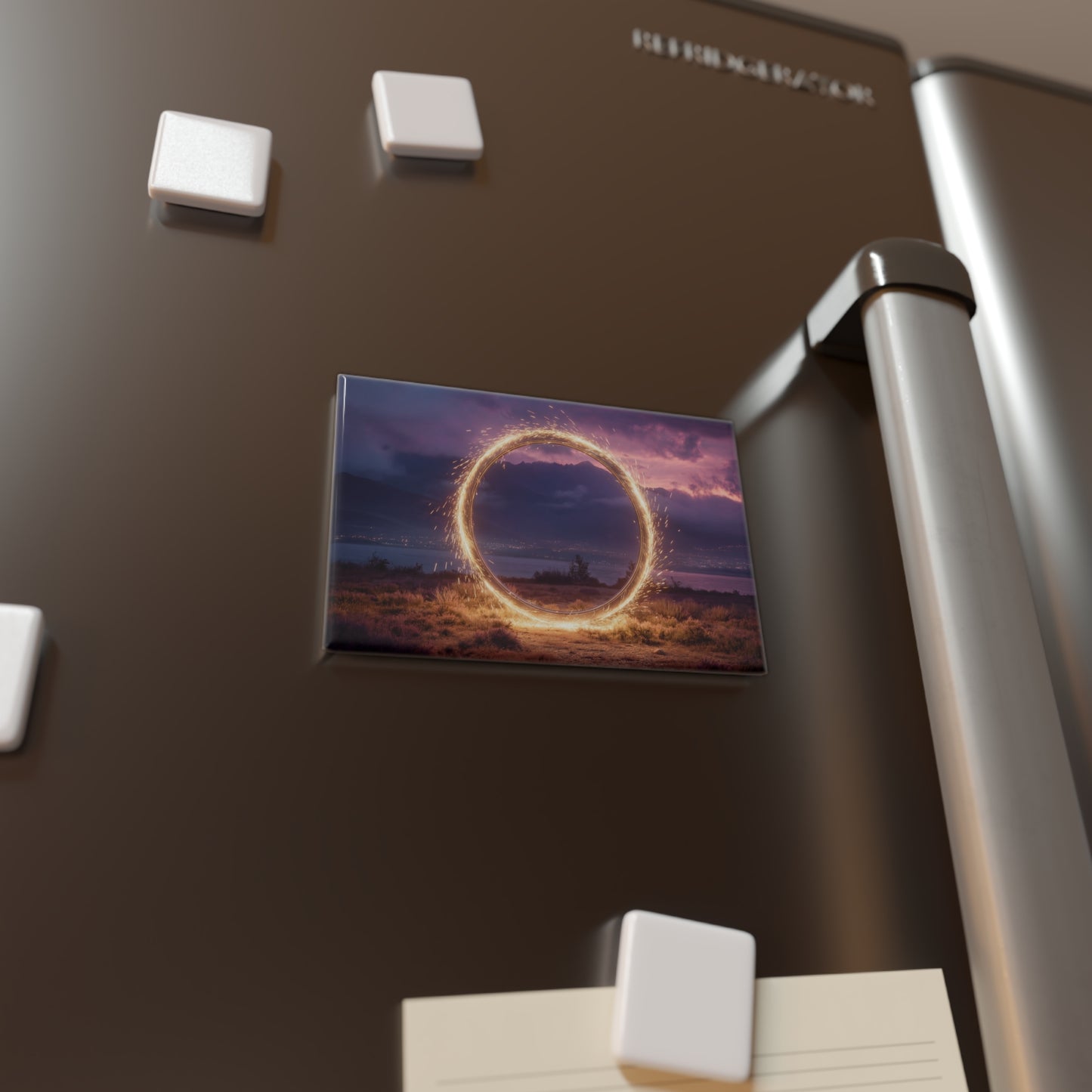 Sparkling Portal Button Magnet, Rectangle (1 & 10 pcs) – Golden Ring Over Twilight Lake