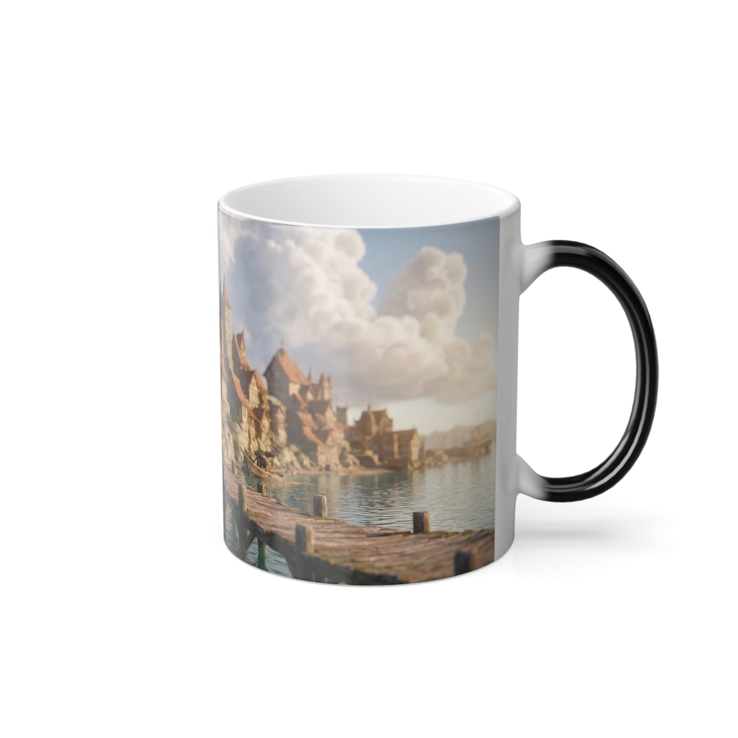 Coastal Timber Village Color Morphing Mug – Sunlit Pier and Stone Spire