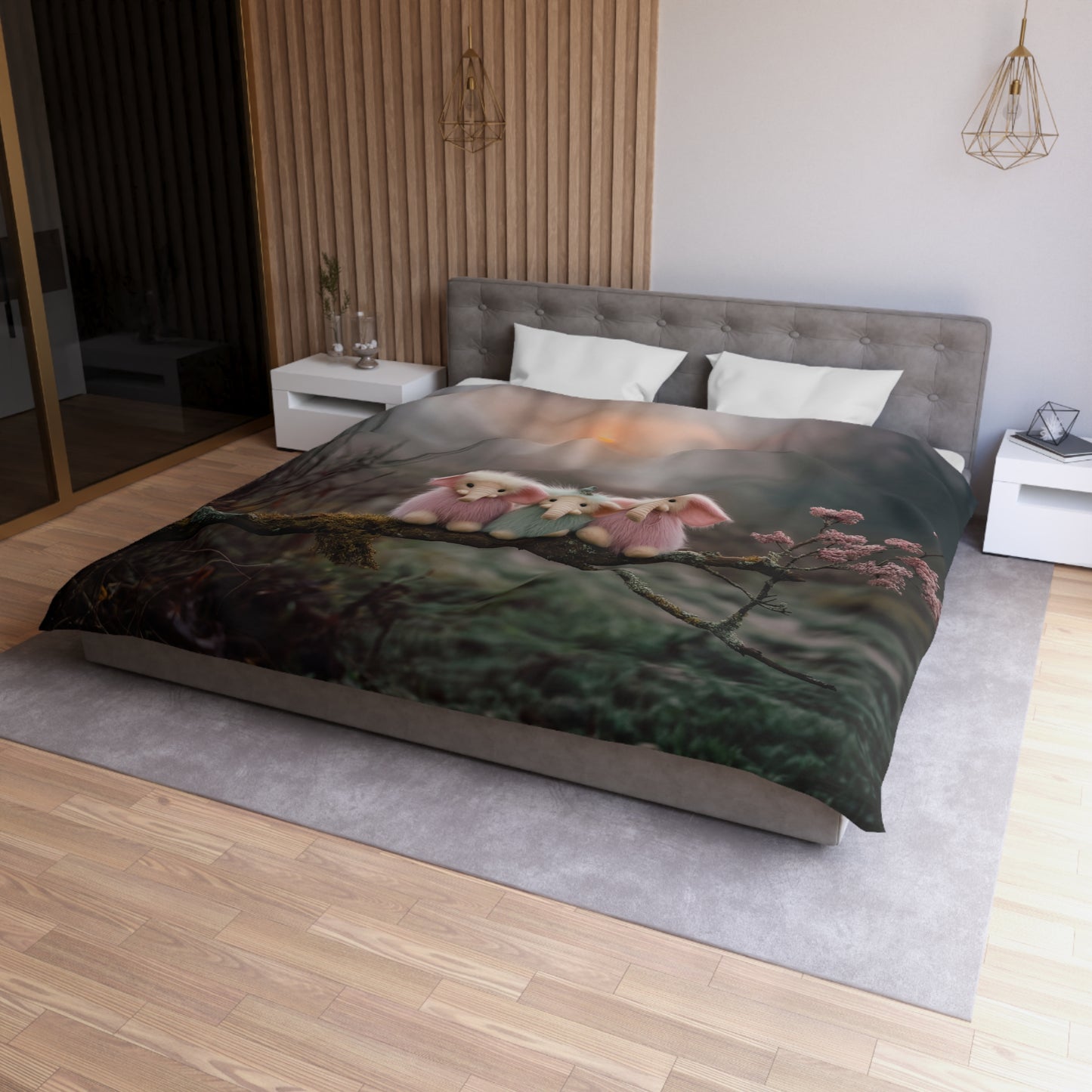 Mossy Branch Elephant Trio Duvet Cover – Pastel Forest Guardians