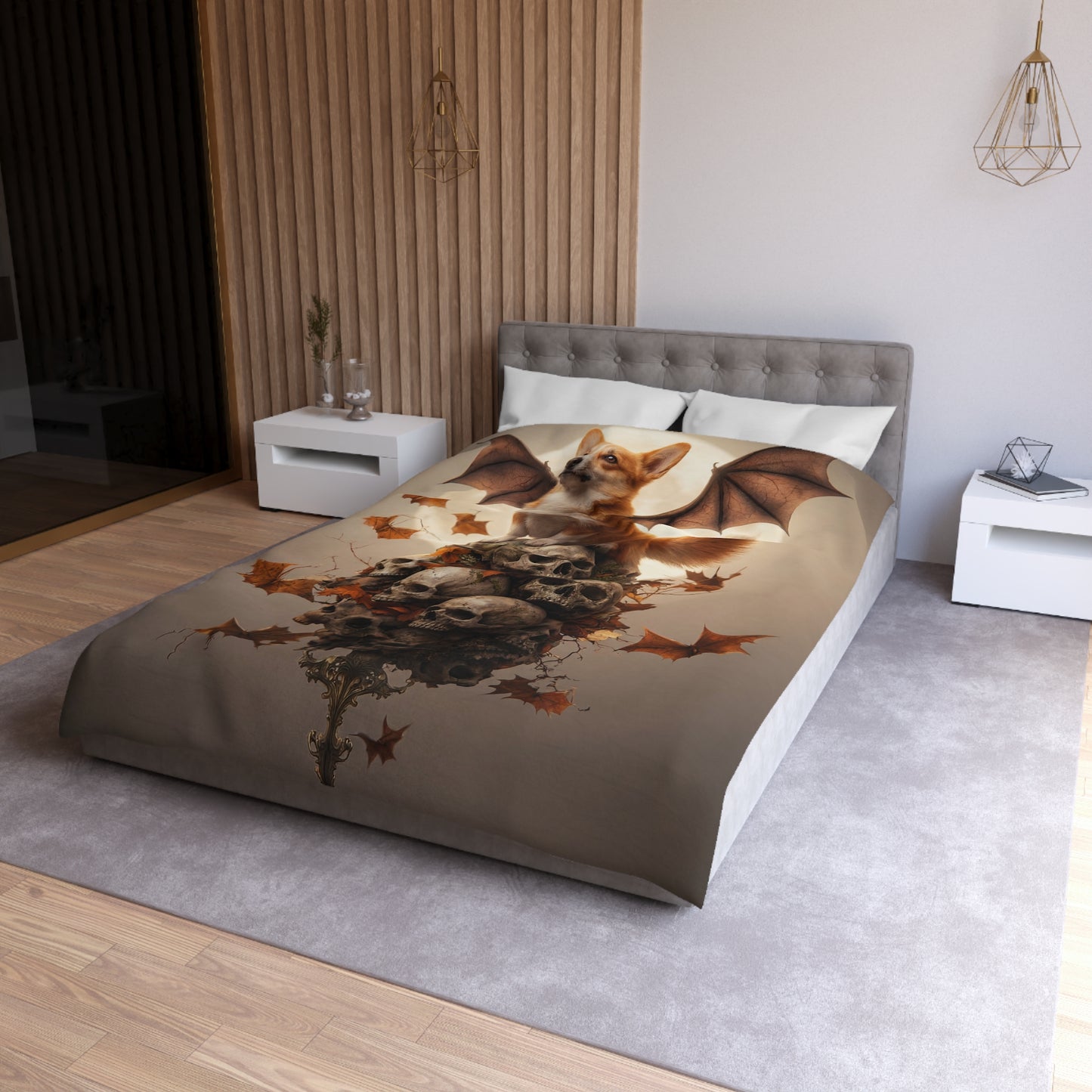Bat-winged Corgi Duvet Cover – Moonlit Guardian of Autumn Skulls