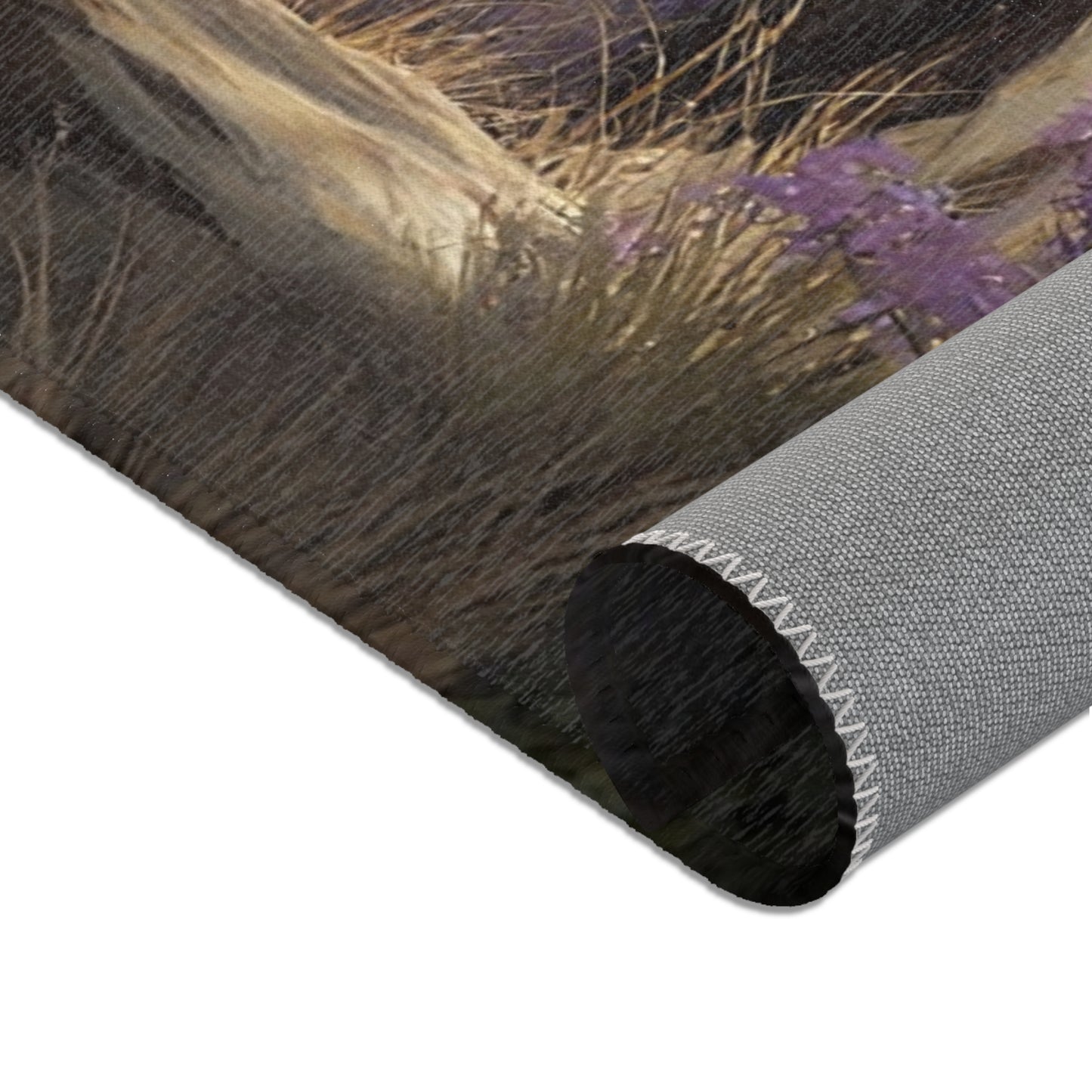 Four Wandering Skeletal Wizards Area Rug – Purple Hooded Pilgrims Through Misty Peaks