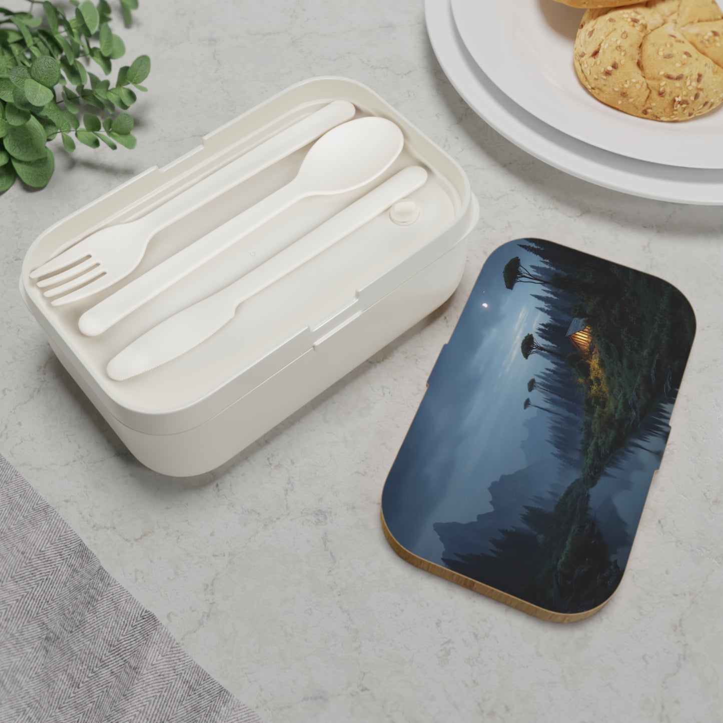 Moonlit Mountain Cabin Bento Lunch Box – Warm Glow Amidst Whispering Peaks