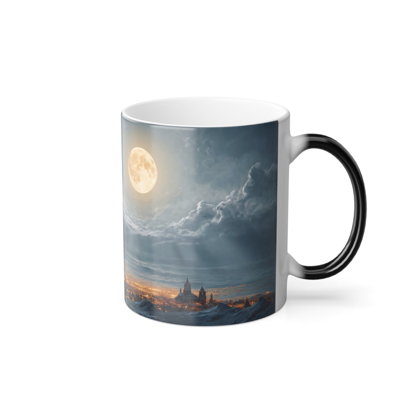 Winter Moonlight Sleigh Color Morphing Mug, 11oz – Reindeer Flying Over Snowy City