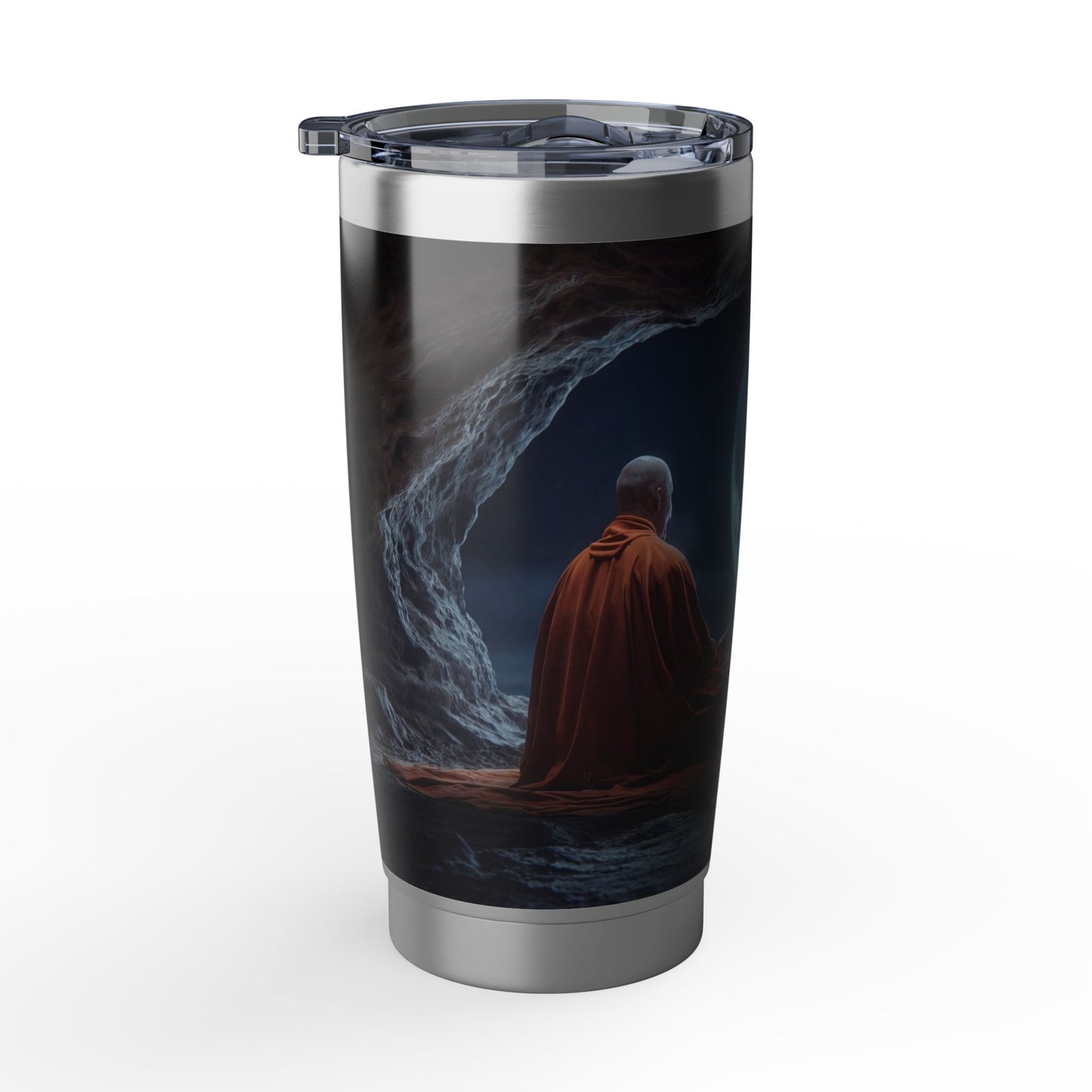 Moonlit Monk Meditation Tumbler – Serene Cave Sanctuary Glow